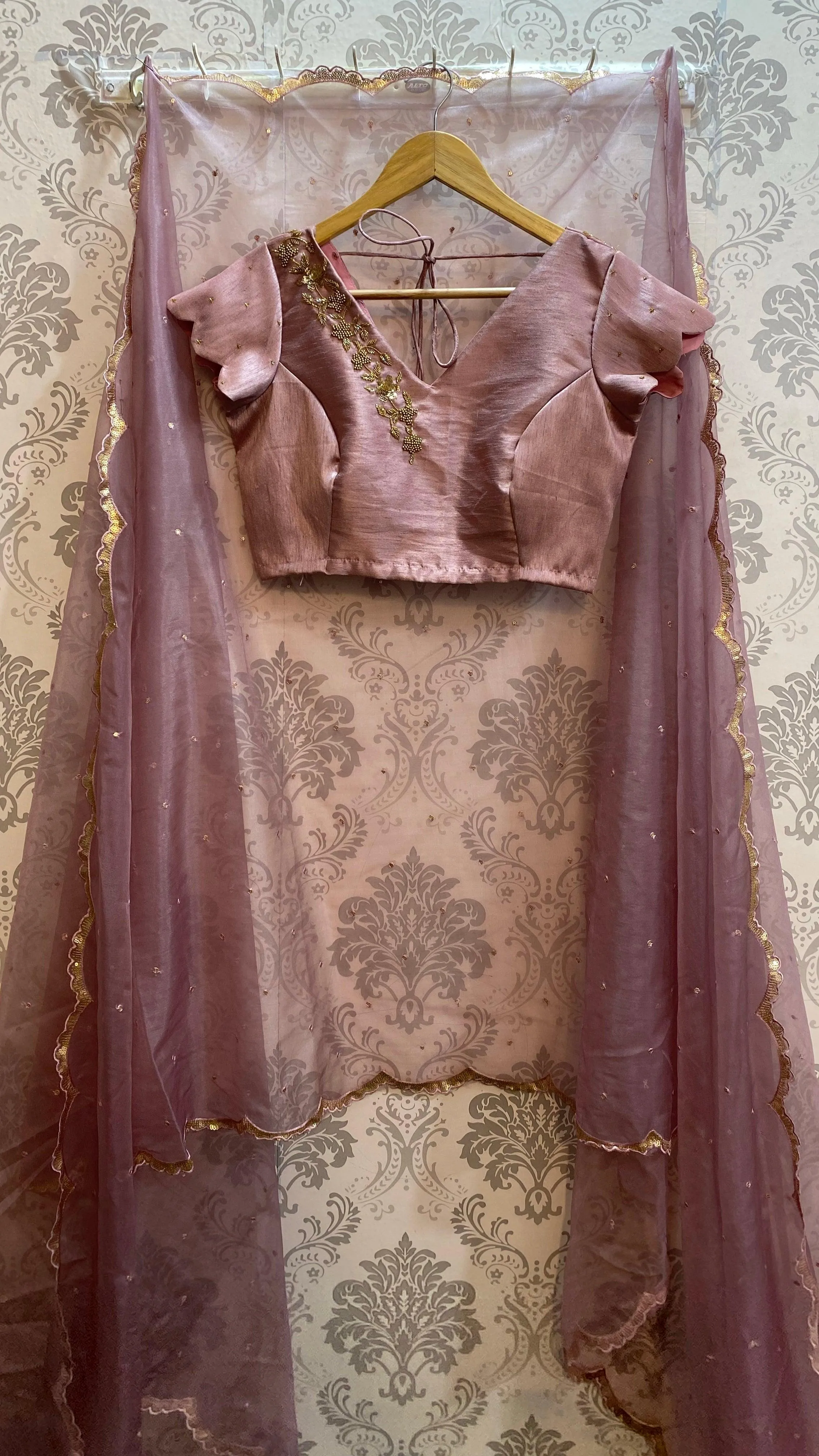 Onion pink silk heavy V shaped hand worked blouse