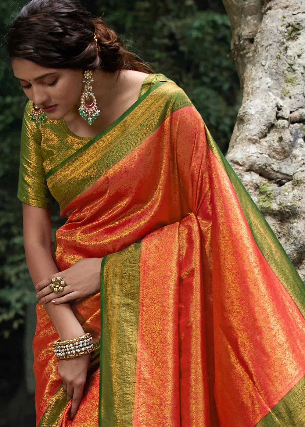 Orange & Green Zari Woven Kanjivaram Silk Saree