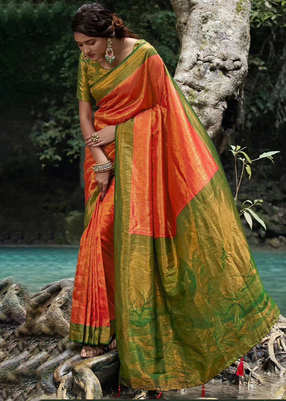 Orange & Green Zari Woven Kanjivaram Silk Saree