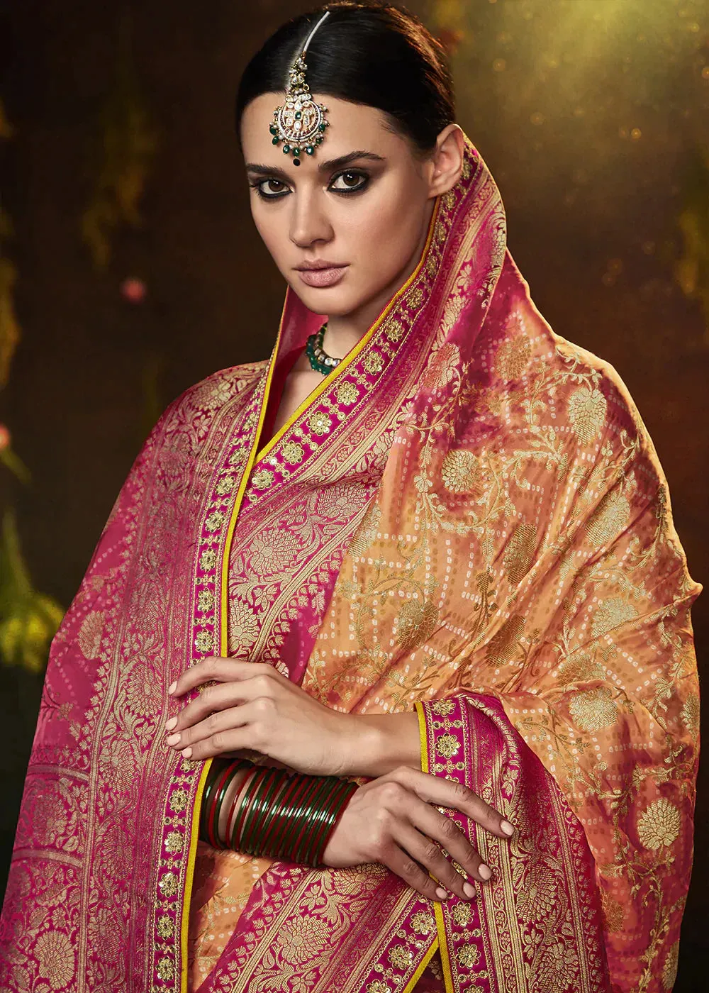 Orange & Pink Zari Weaving Georgette Silk Saree with Embroidery Designer Blouse