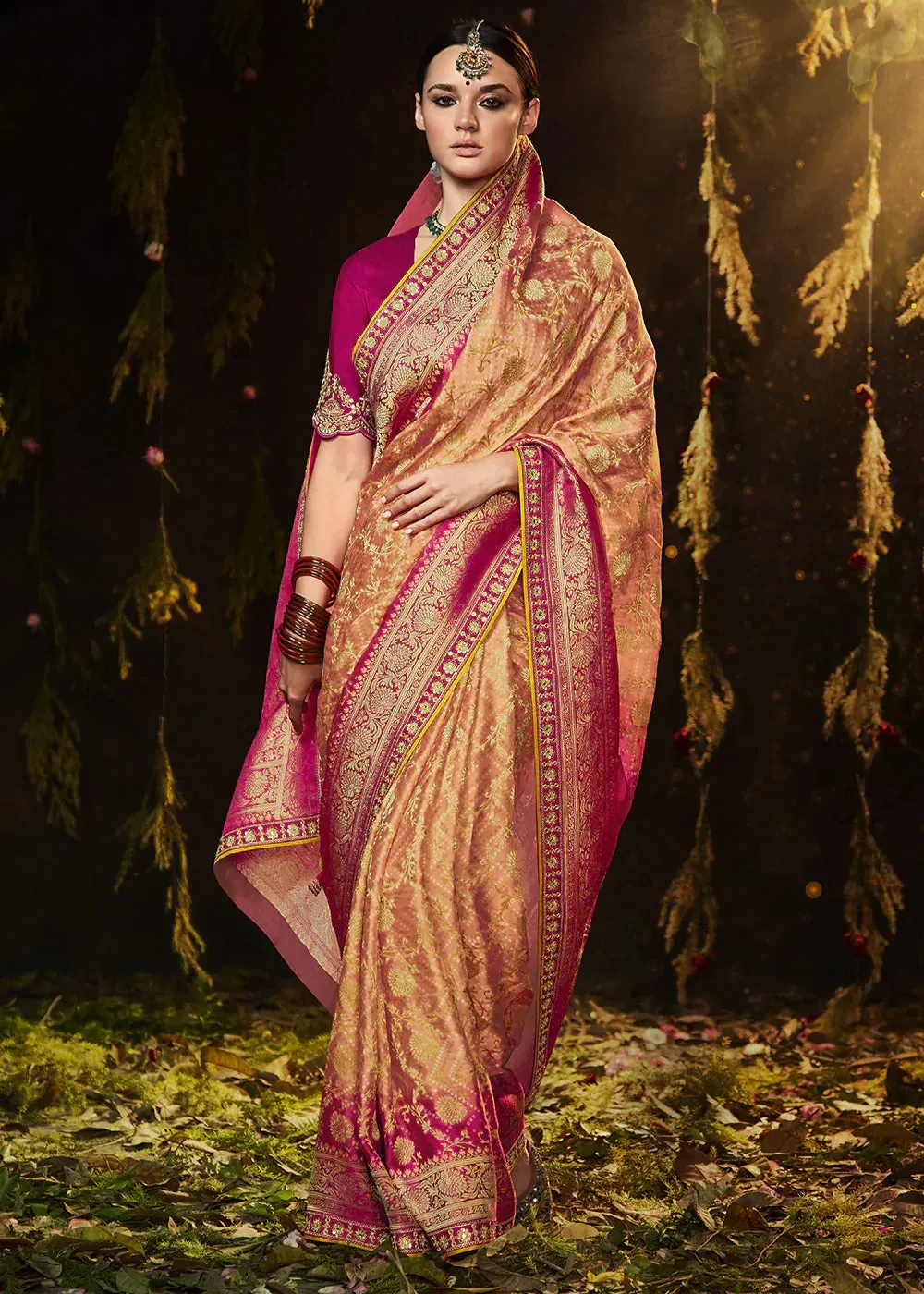 Orange & Pink Zari Weaving Georgette Silk Saree with Embroidery Designer Blouse