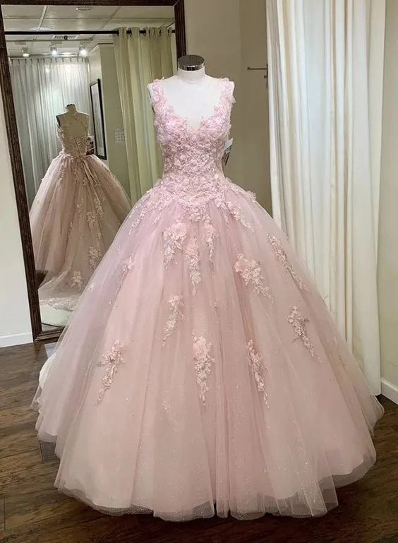 pink tulle customize long a line sweet 16 prom dress formal dress