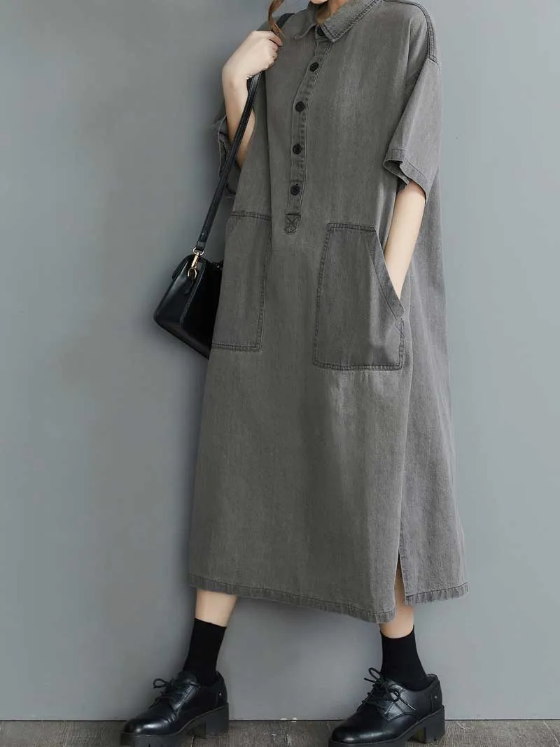 Plain Cotton Grey Color Short Sleeve Midi Dress