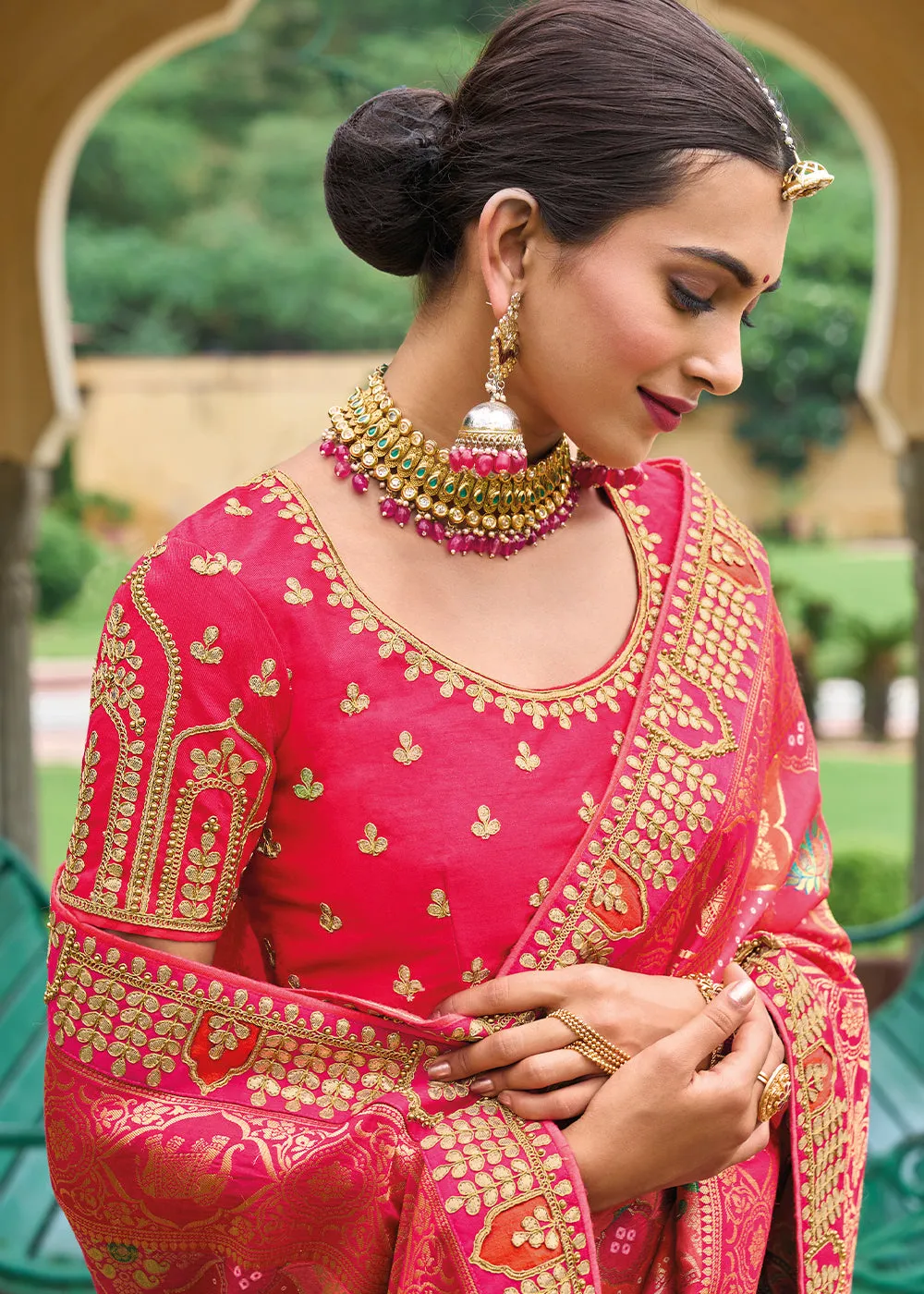 Punch Pink Dola Silk Saree with Beautiful Embroidery work: Wedding Edition