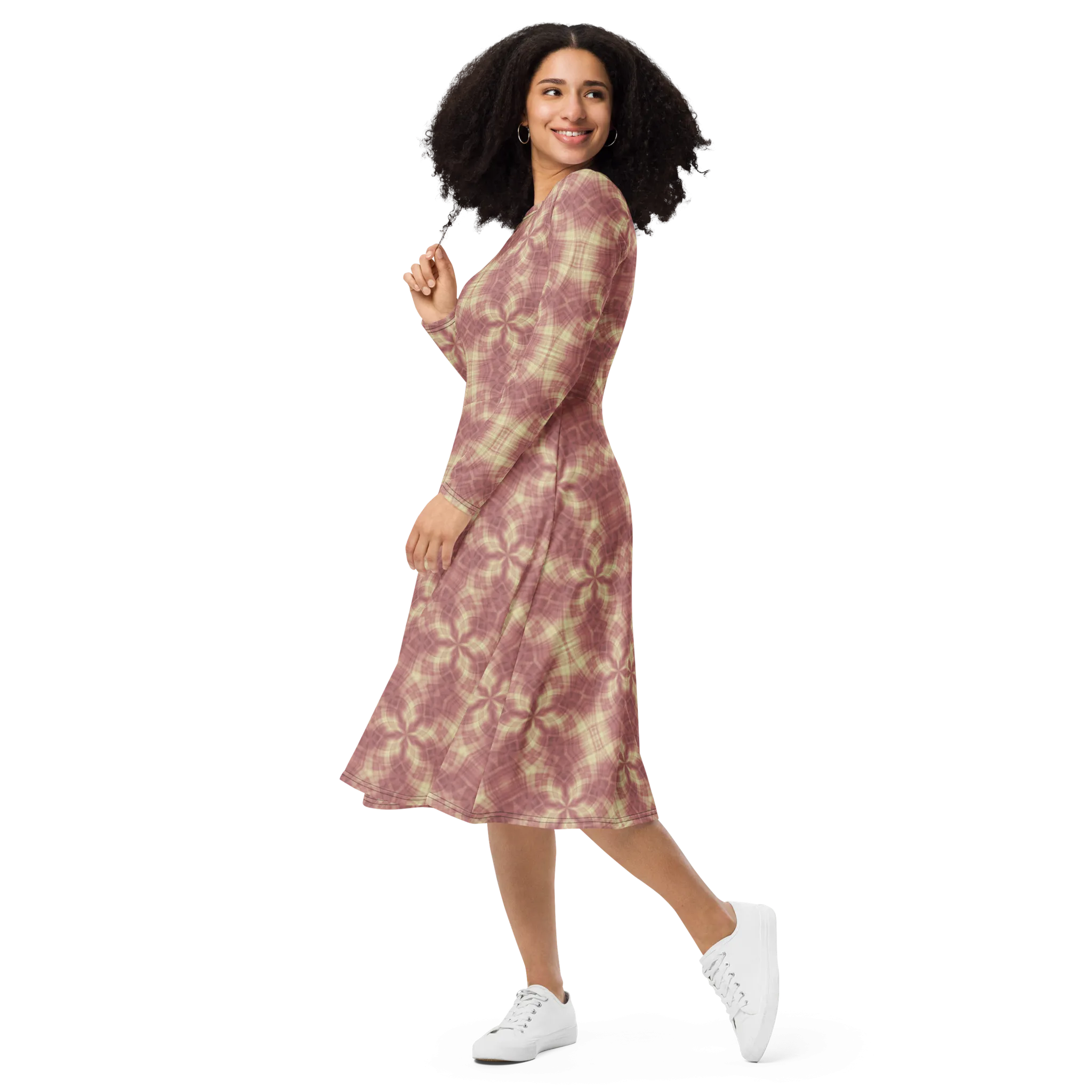 Recursia Argyle Rewired II Long Sleeve Midi Dress In Pink