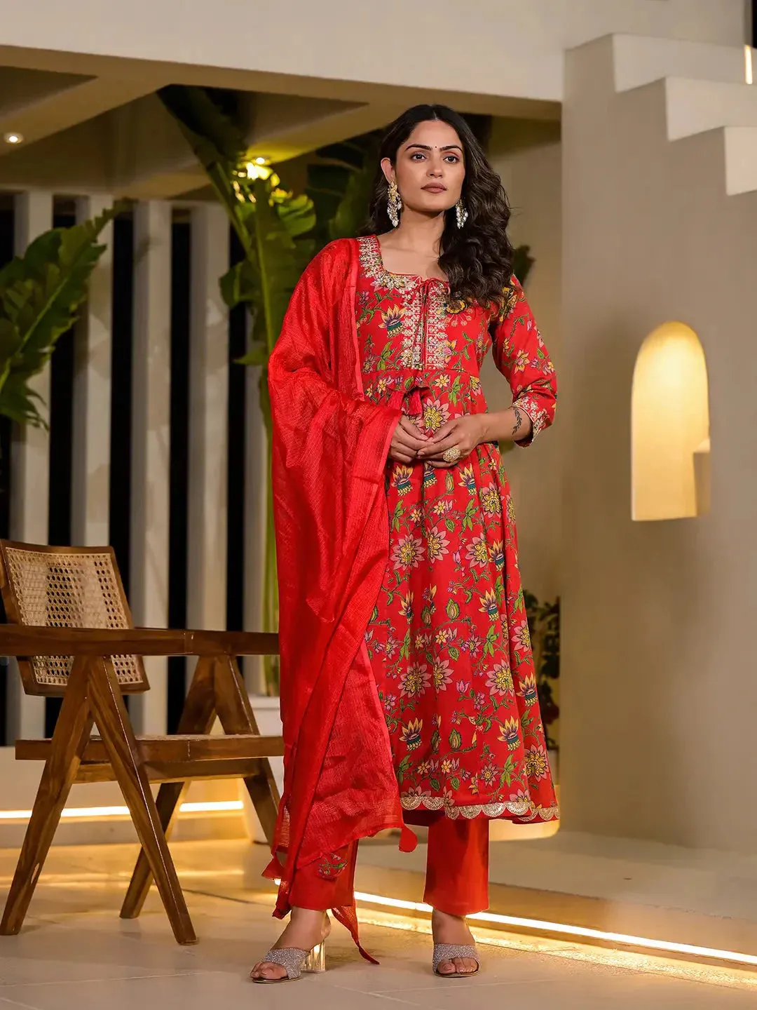 Red Dori Embroidery Voile Anarkali Kurta With Trousers With Dupatta Set