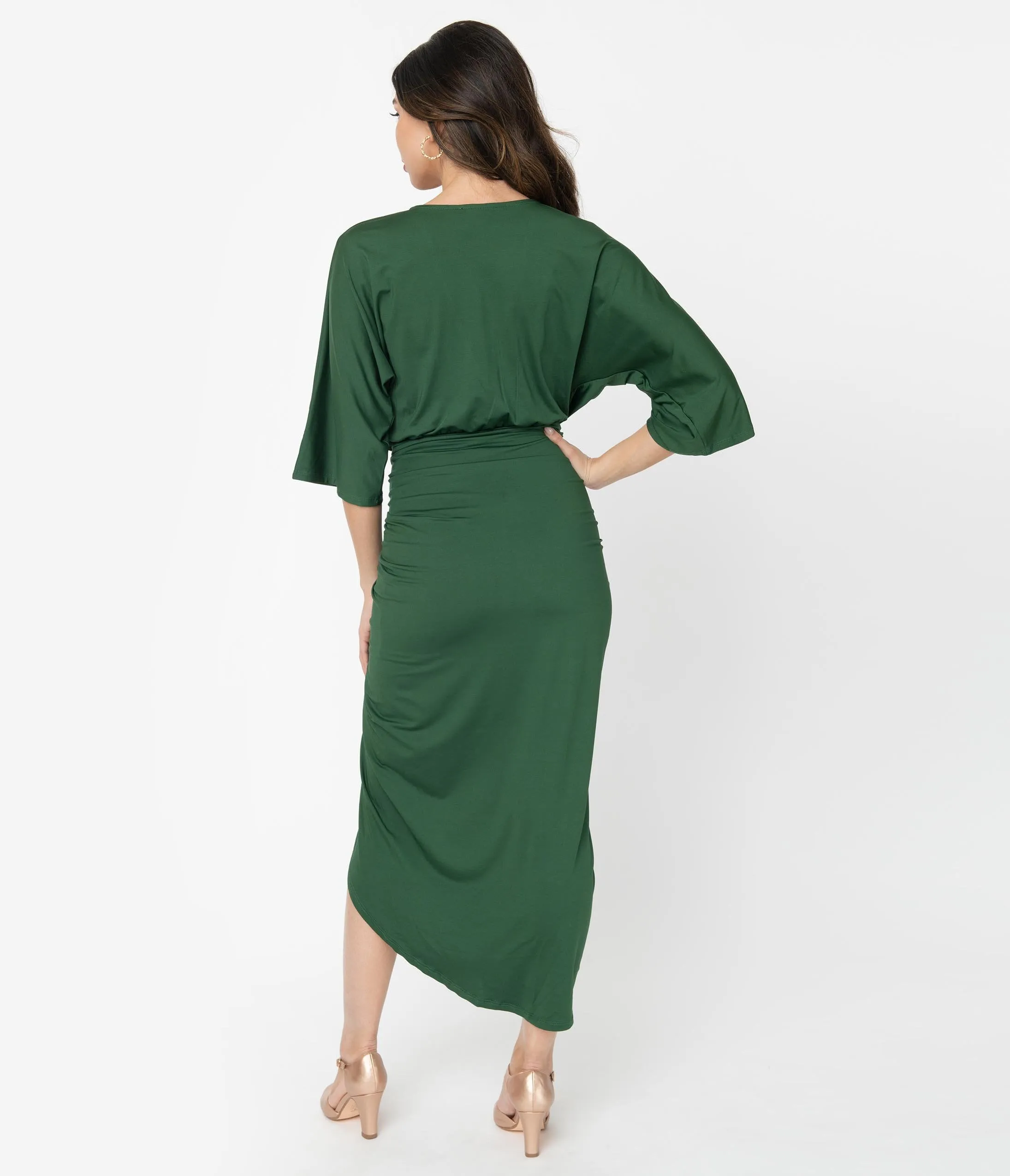 Retro Style Emerald Green Ruched Wrap Front Dress