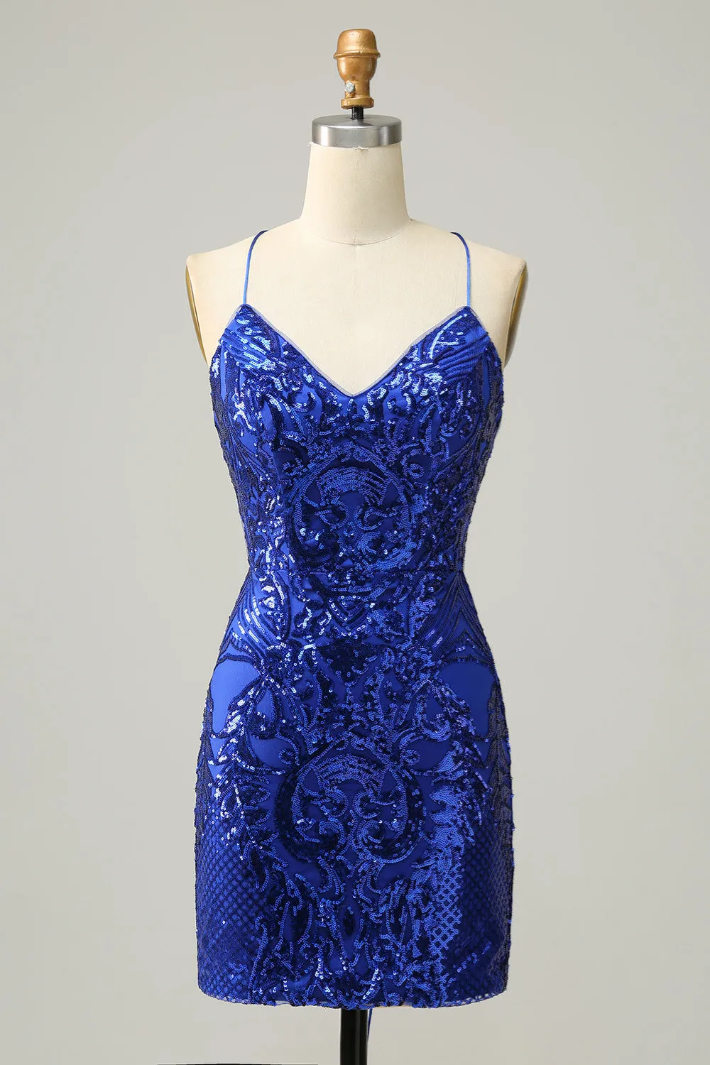 Royal Blue Sheath Lace-Up V Neck Sequins Homecoming Dress