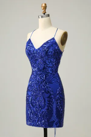 Royal Blue Sheath Lace-Up V Neck Sequins Homecoming Dress