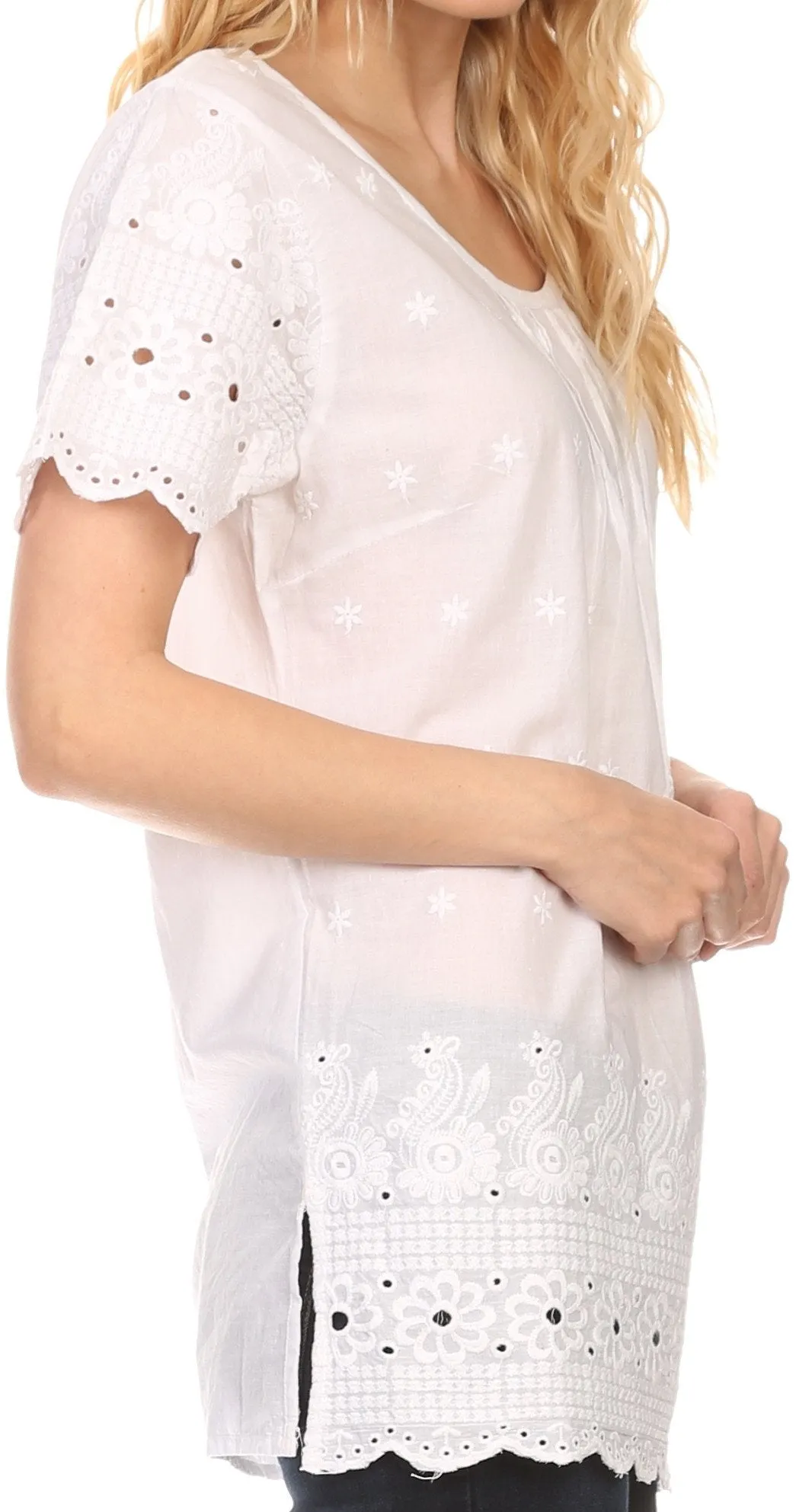 Sakkas Floyra Long Floral Flower Crochet Embroidered Short Sleeve Blouse Shirt Top