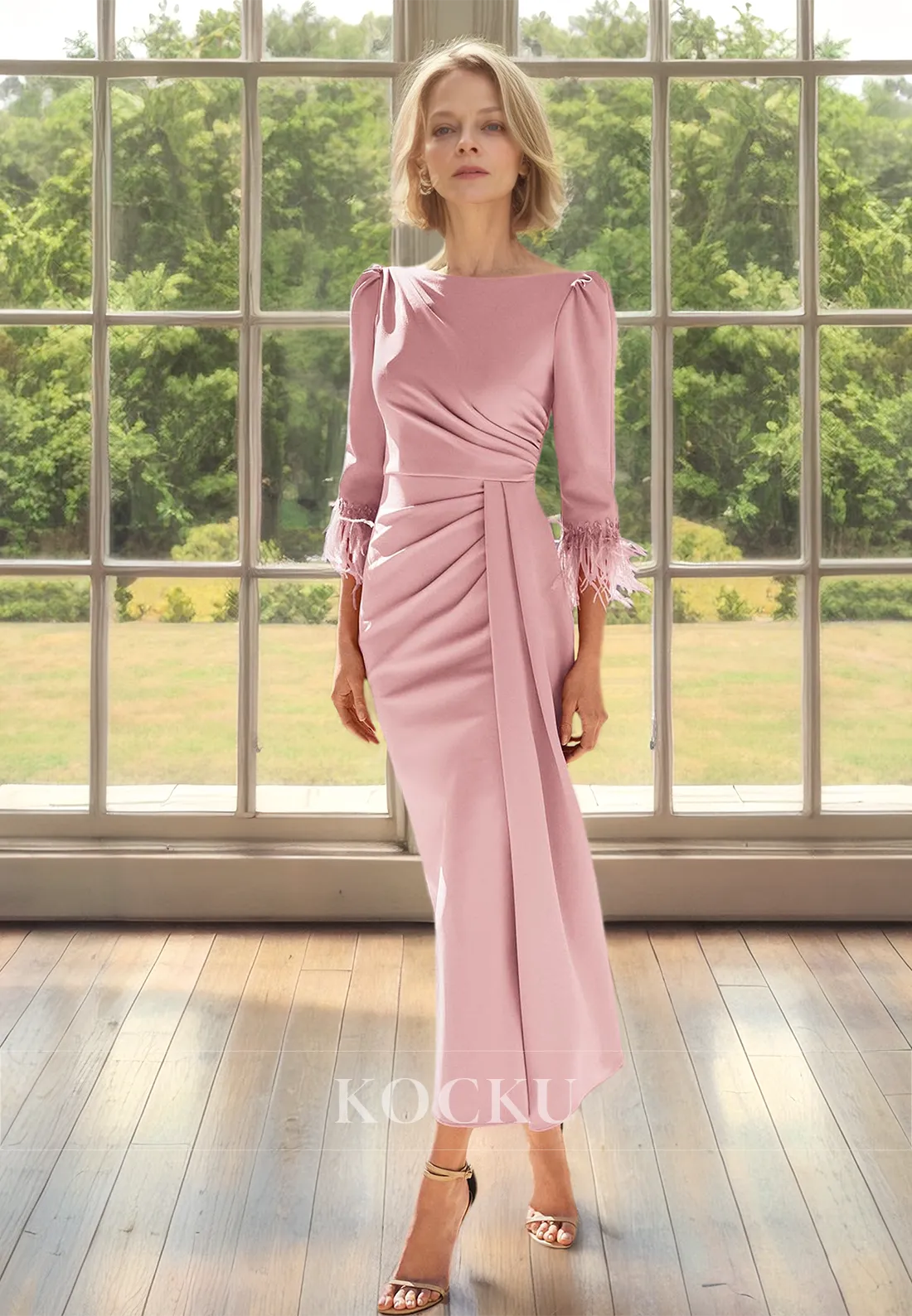 Scoop Neck Sleeves Sheath Pleated Satin Ankle-Length Cocktail Dress with Feather Mother of Groom