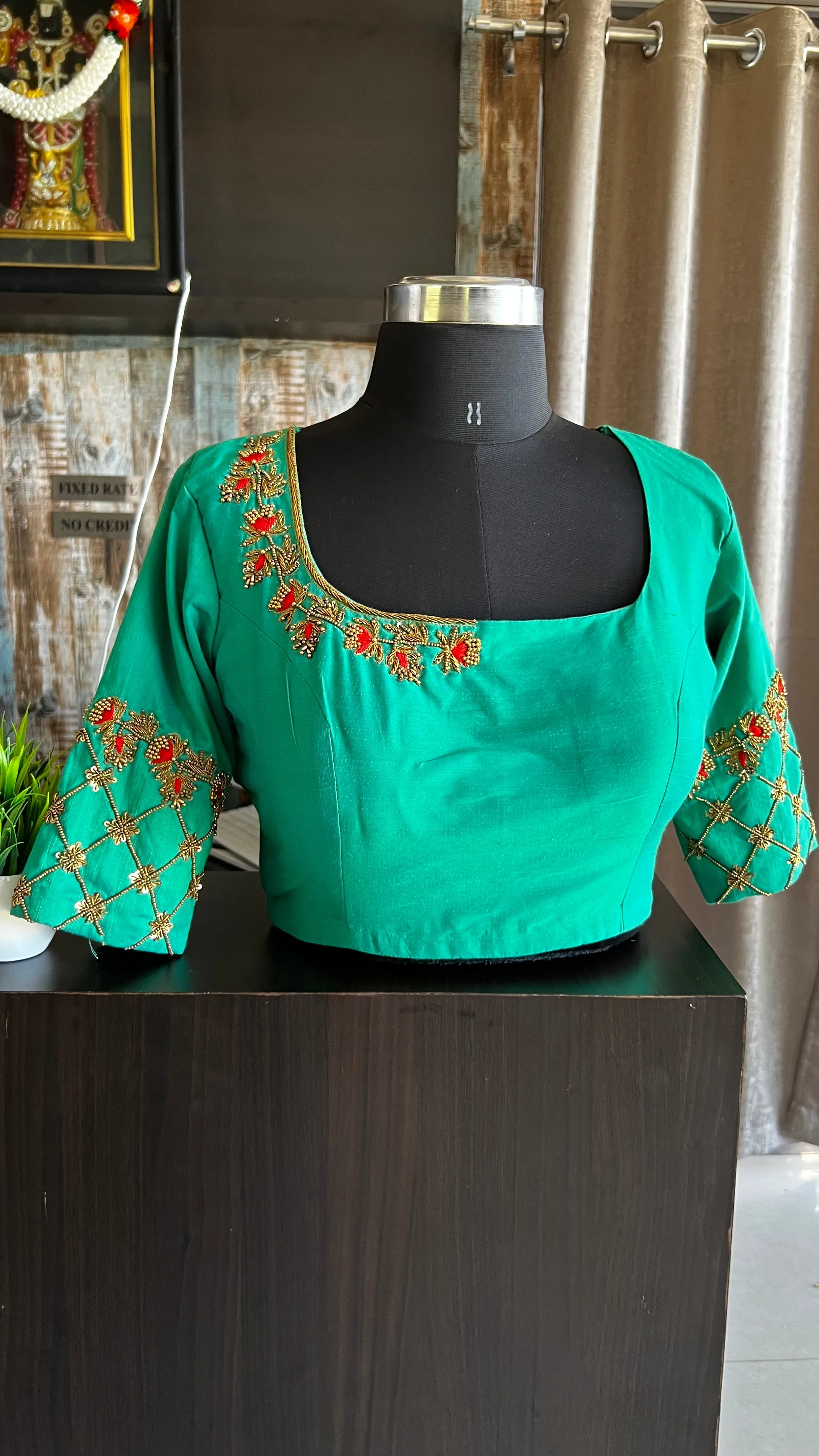 Sea green silk hand worked blouse