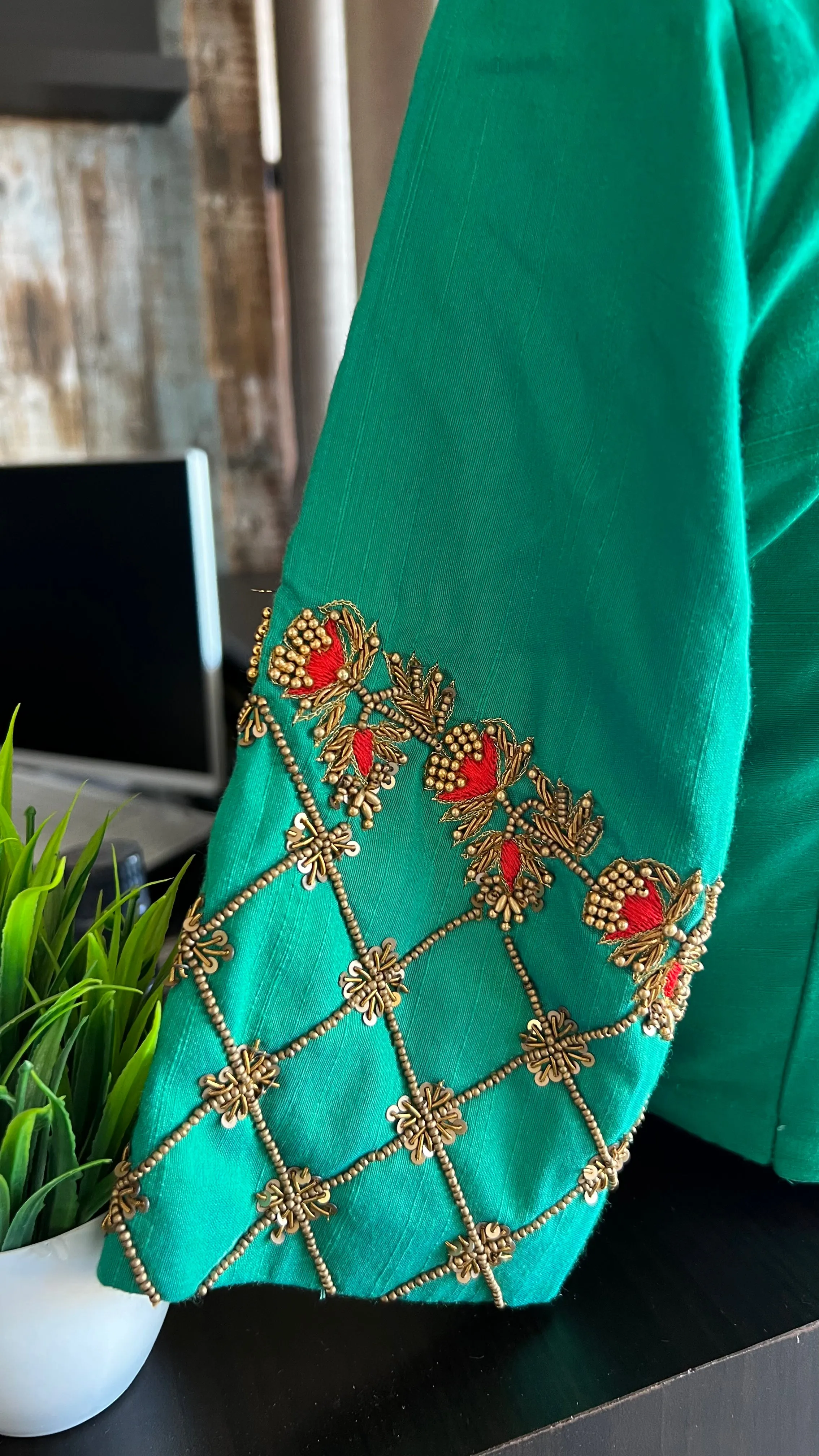 Sea green silk hand worked blouse