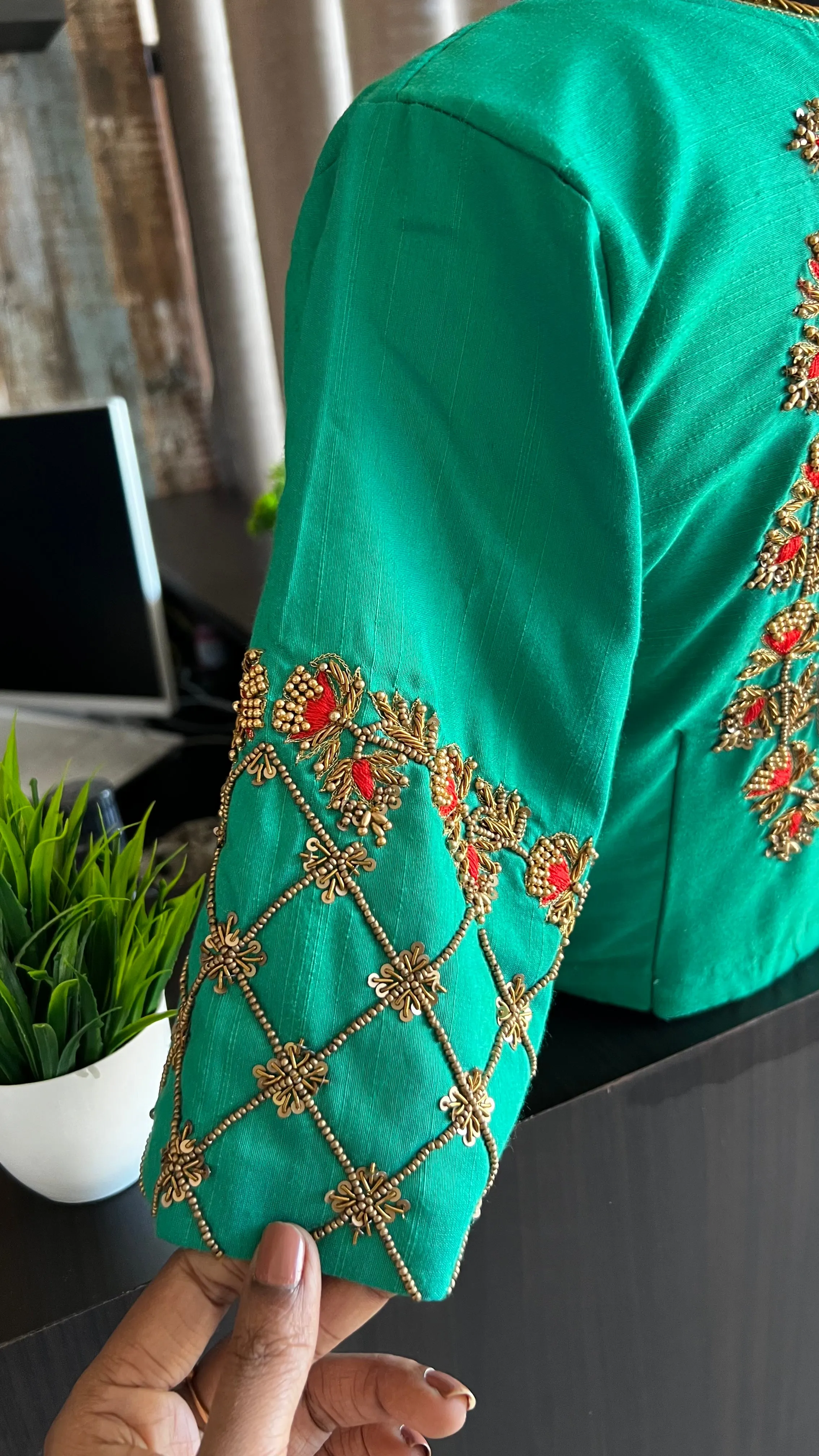 Sea green silk hand worked blouse