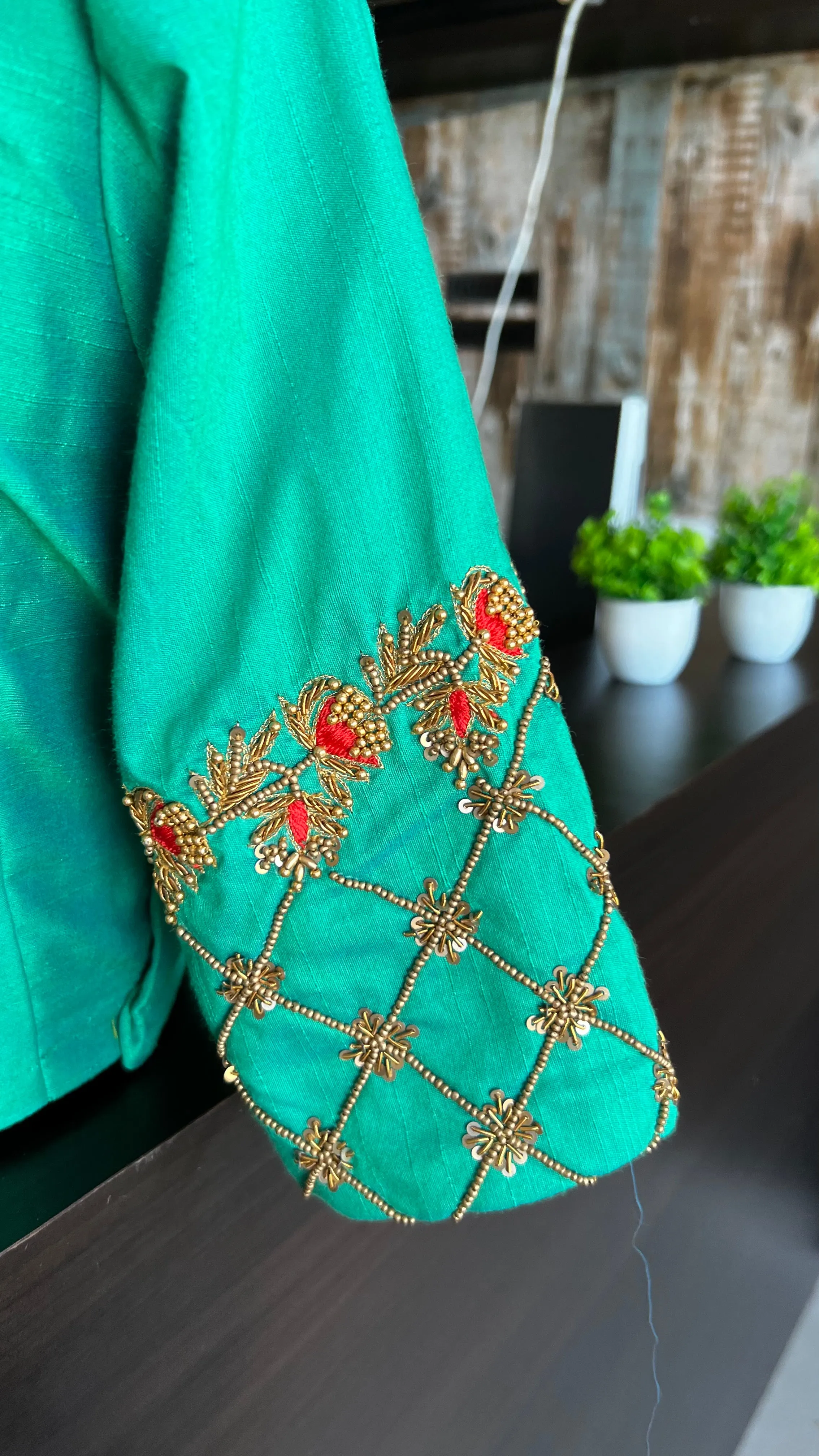 Sea green silk hand worked blouse