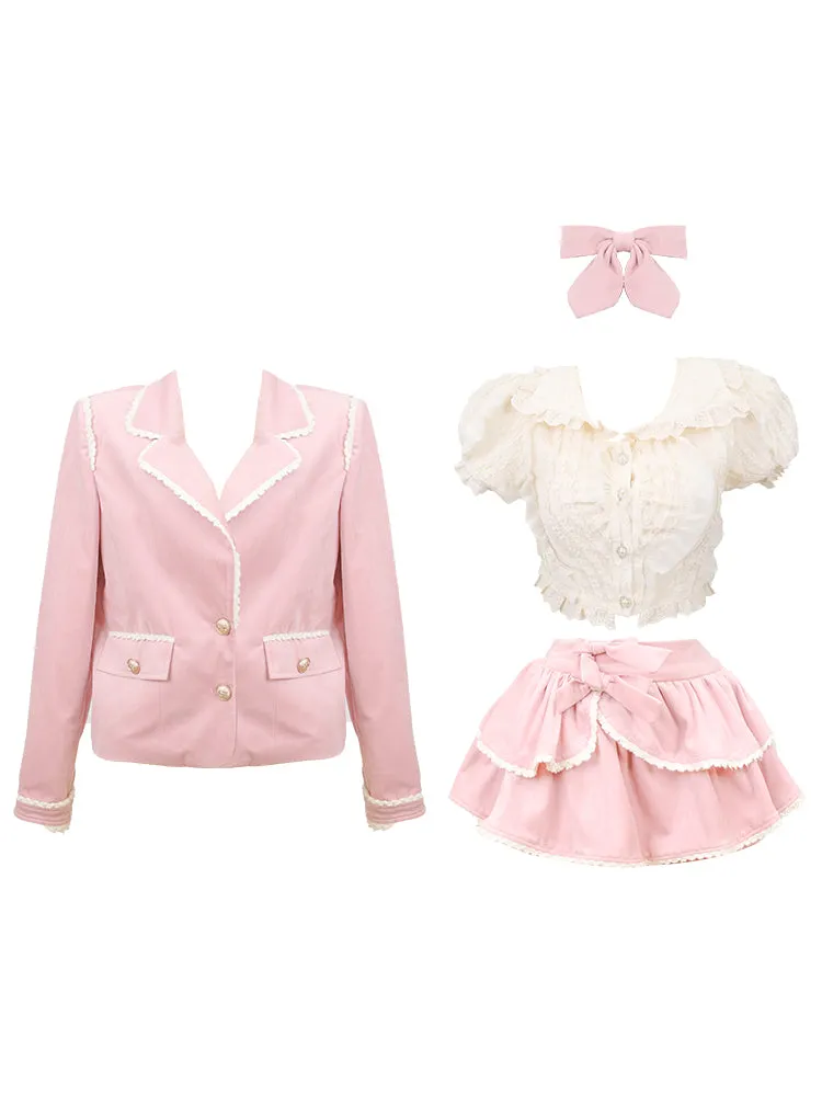 Serendipity Academia Coquette Pink Sweet Cute Blazer Shirt Mini Skirt Three Piece Set