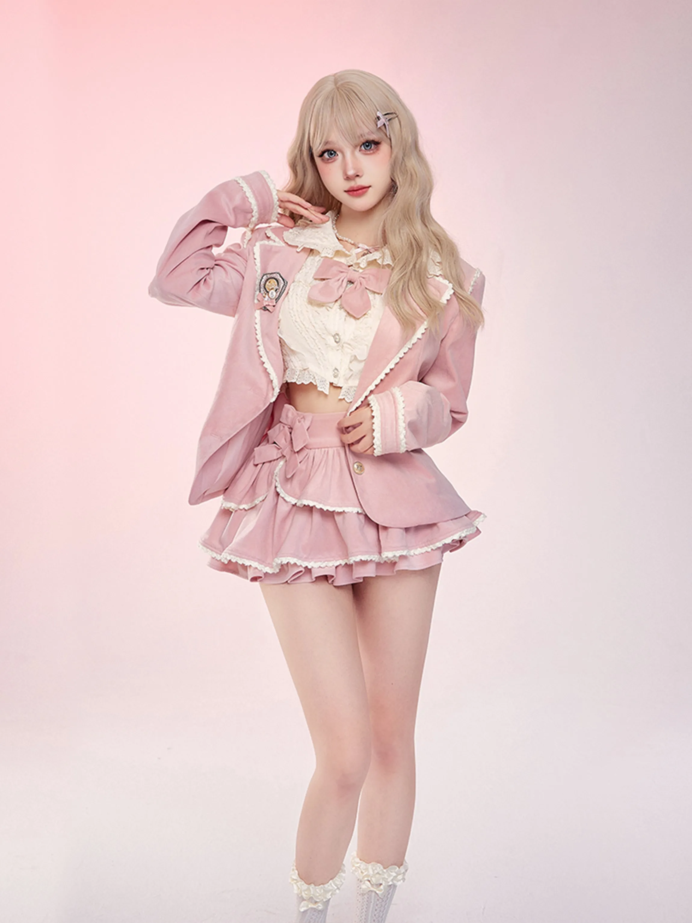 Serendipity Academia Coquette Pink Sweet Cute Blazer Shirt Mini Skirt Three Piece Set