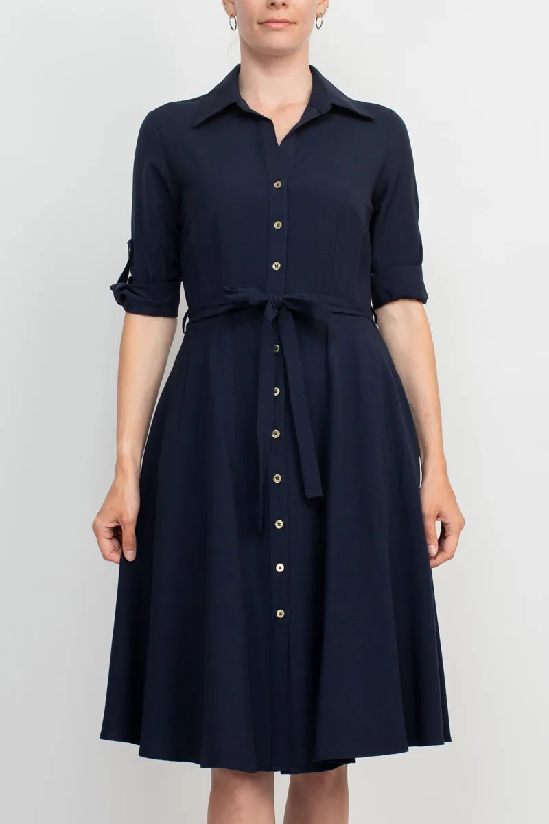 Sharagano Collared Short Sleeve Tie Waist A-Line Solid Rayon Dress