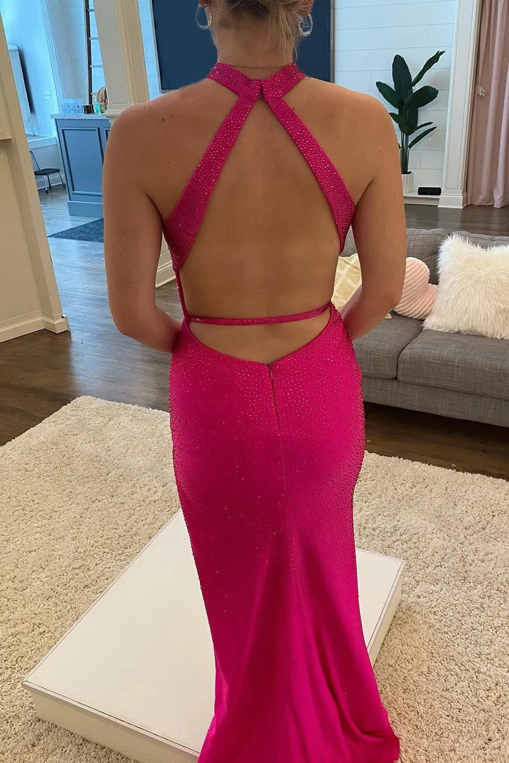 Sheath Halter Hot Pink Beading Long Prom Dress with Open Back