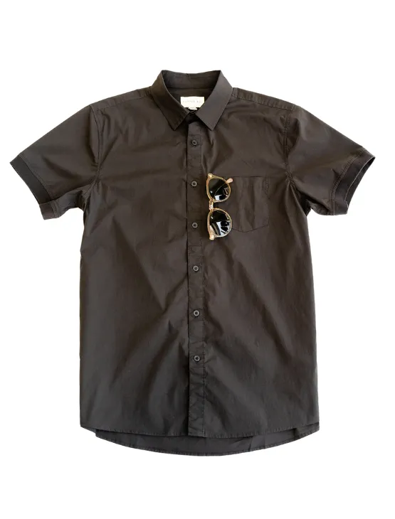 Slate Black Short Sleeve Button-Up with Ribbed Cuff