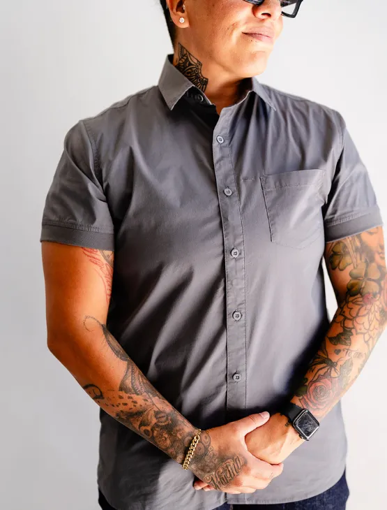 Slate Black Short Sleeve Button-Up with Ribbed Cuff