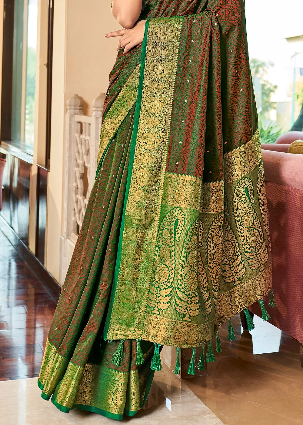 Slimy Green Woven Two Tone Soft Silk Saree