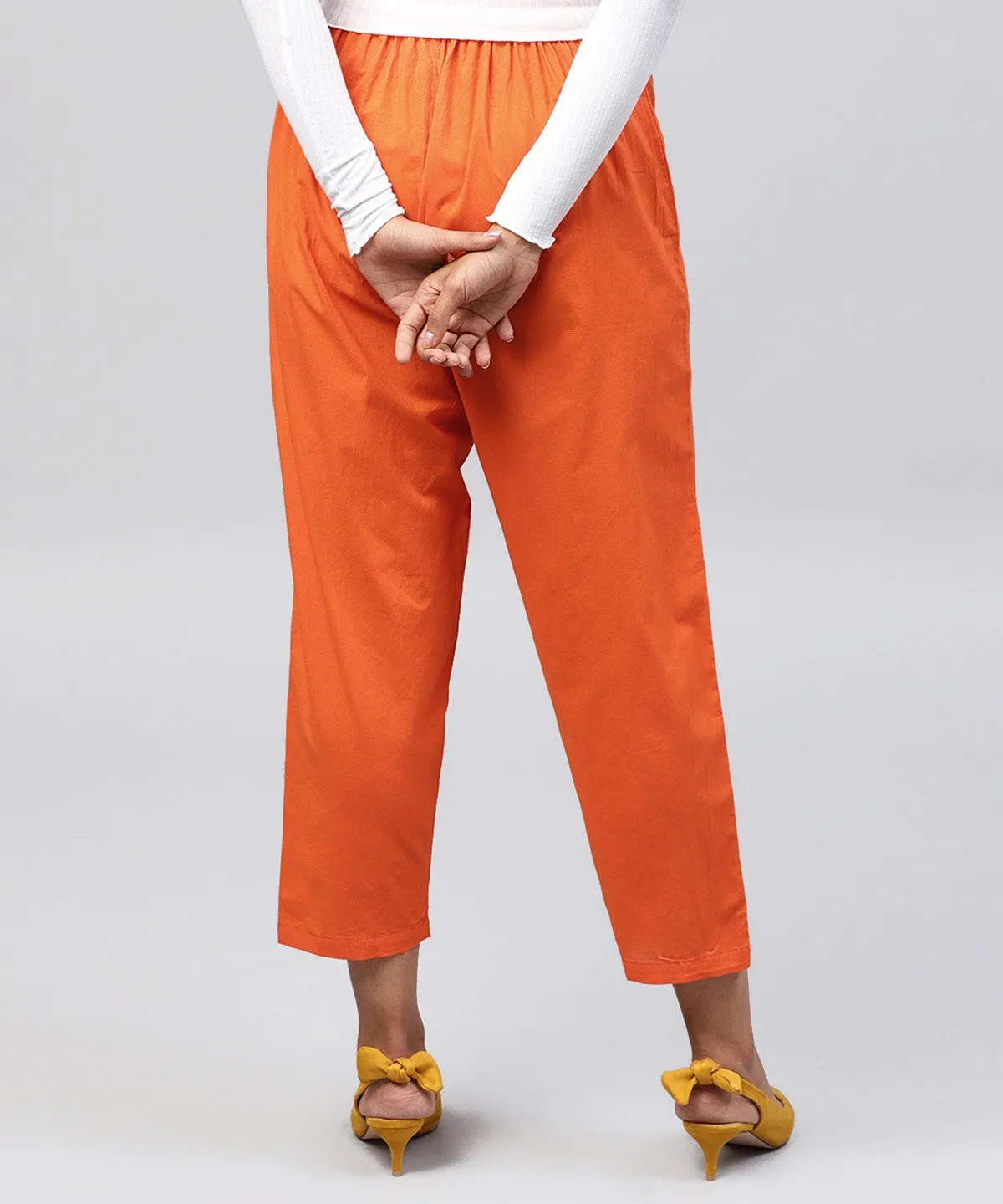 Solid Orange Ankle Length Cotton Regular Fit Trouser