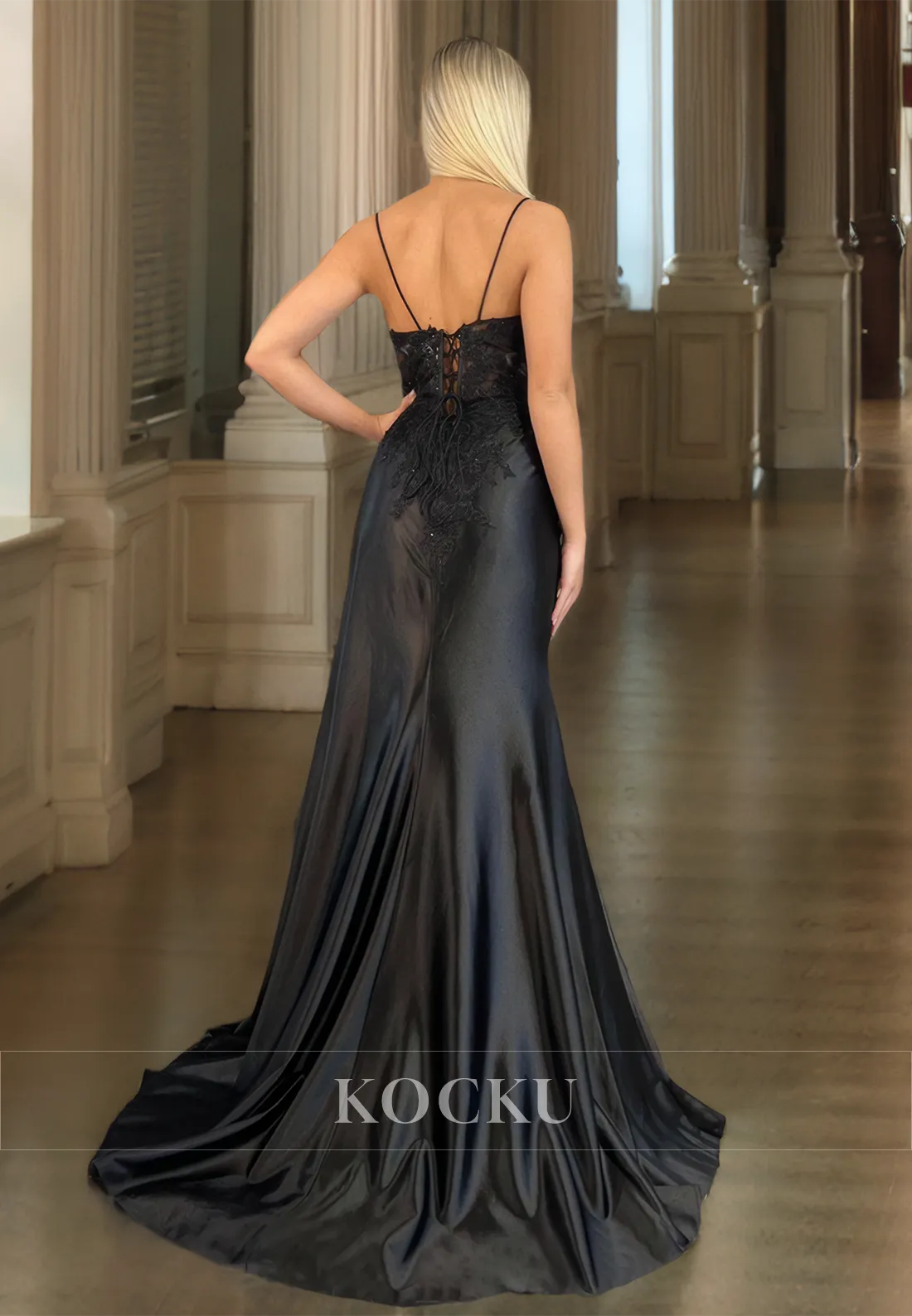 Spaghetti Straps V-Neck Sheath Sleeveless Slit Appliques Satin Prom Dress with Train Evening Gown