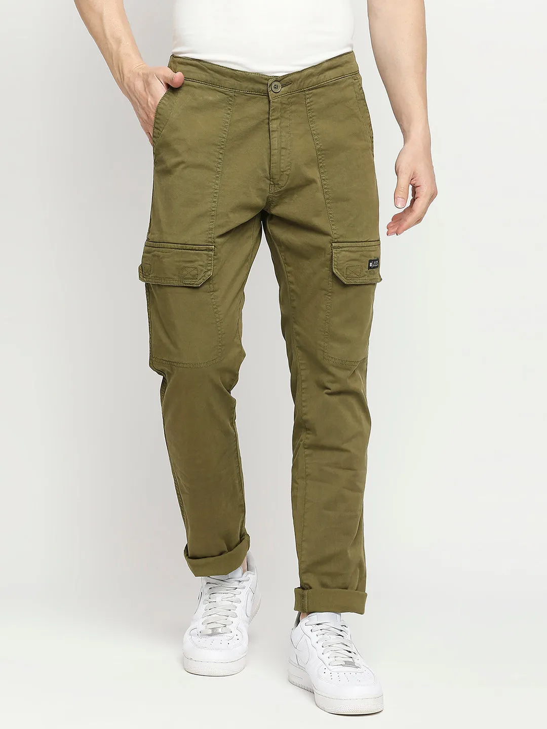 Spykar Cactus Green Cotton Slim Fit Regular Length Trousers For Men