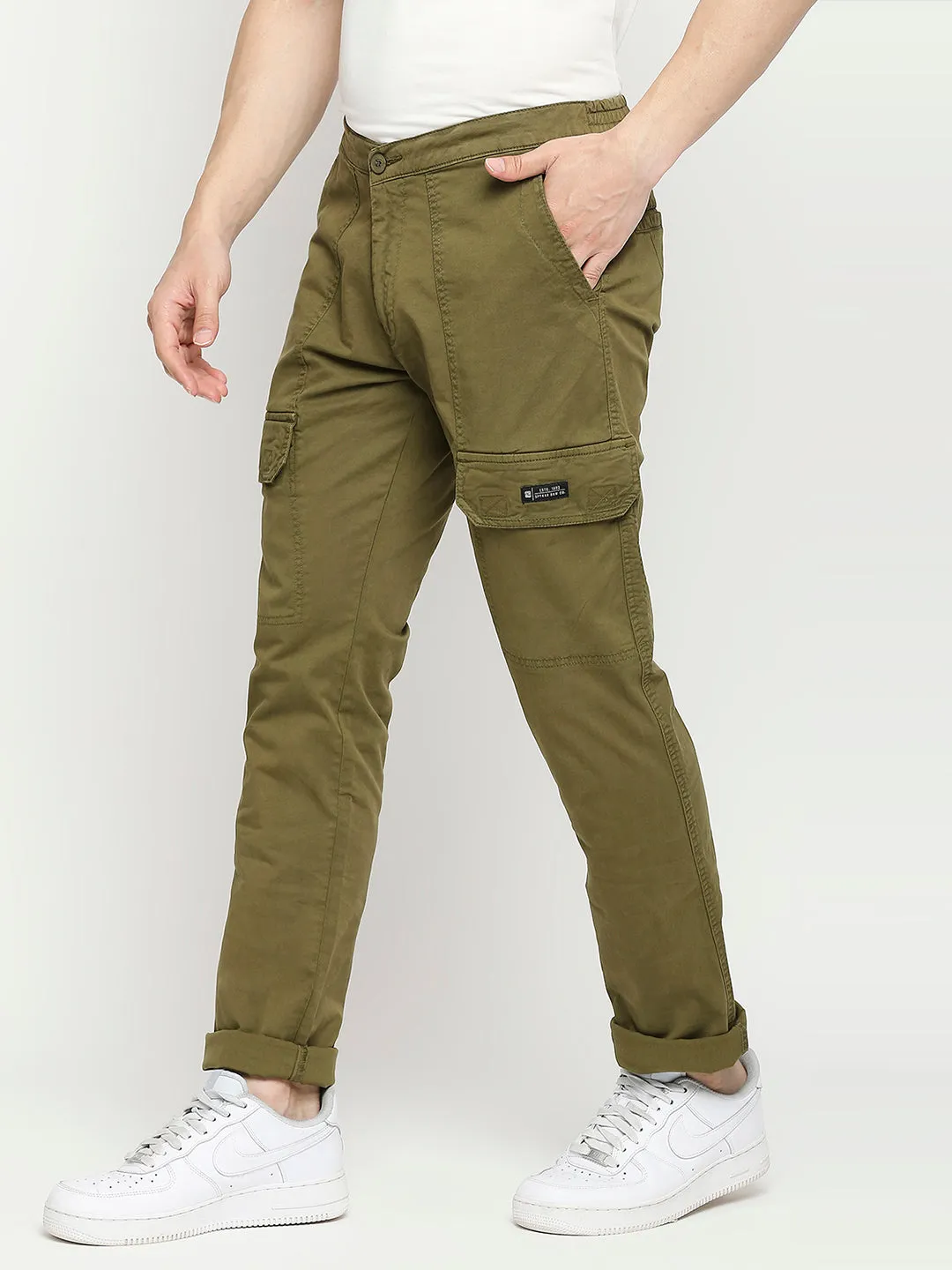 Spykar Cactus Green Cotton Slim Fit Regular Length Trousers For Men