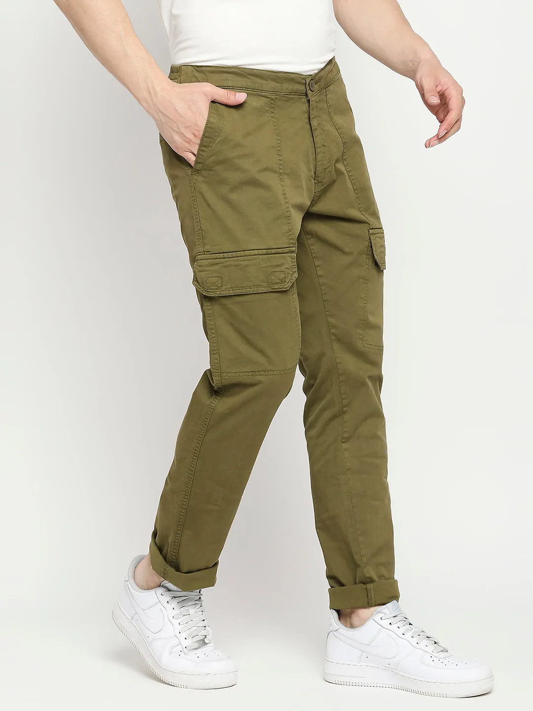 Spykar Cactus Green Cotton Slim Fit Regular Length Trousers For Men