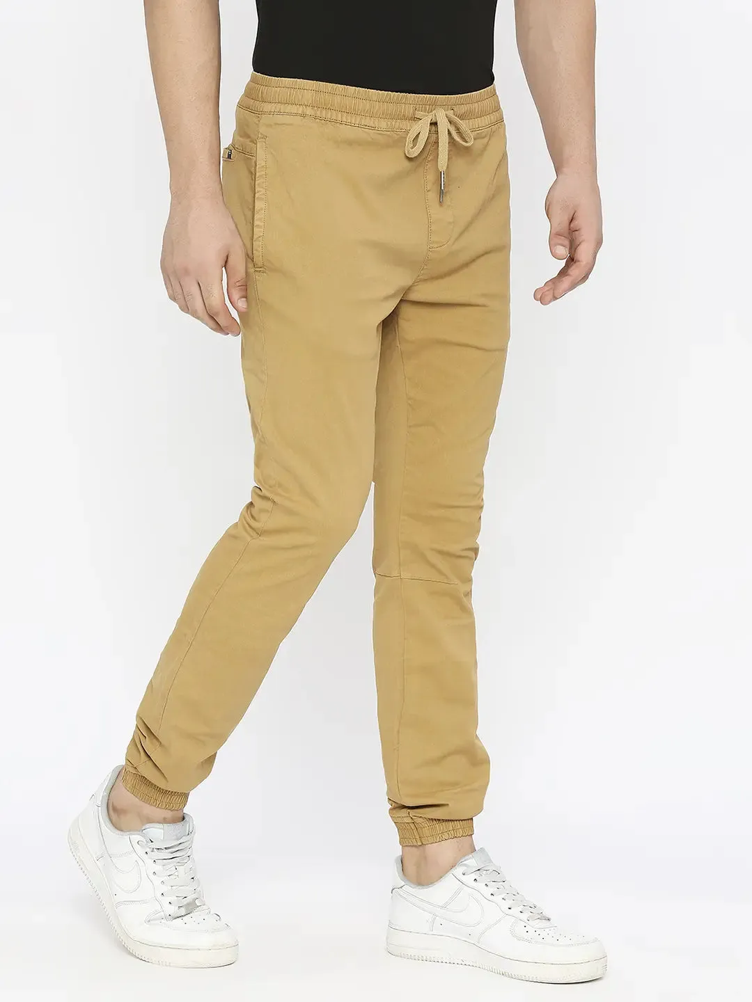 Spykar Men Beige Lycra Slim Fit Ankle Length Plain Trousers