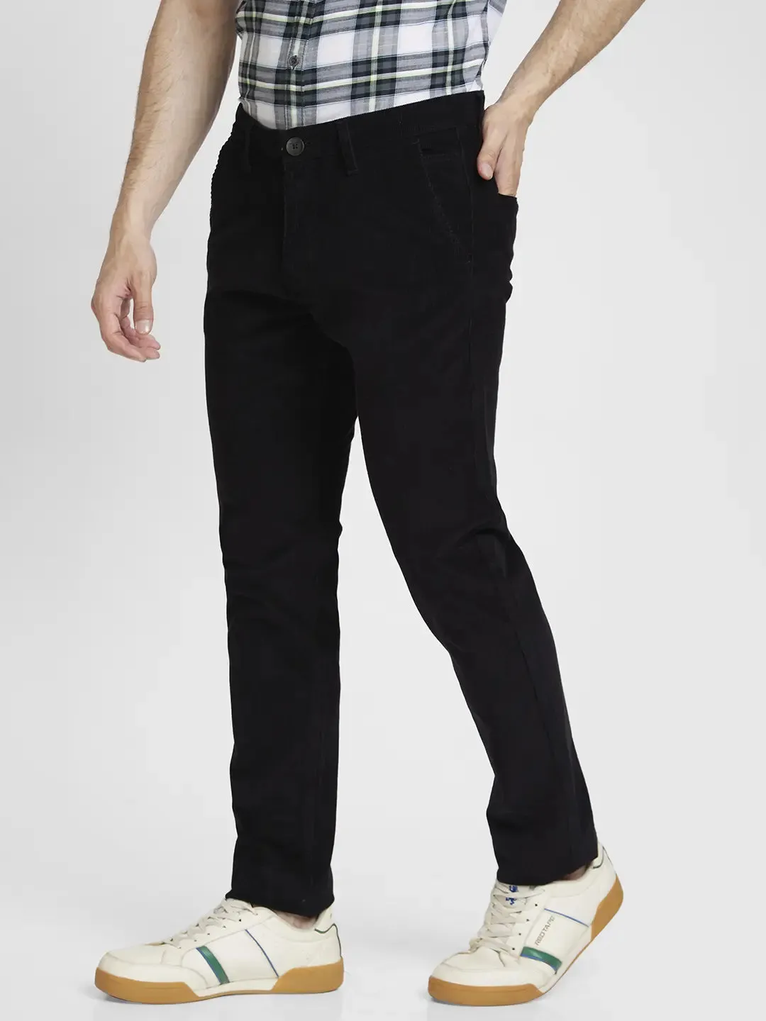 Spykar Men Black Cotton Slim Fit Mid Rise Trousers