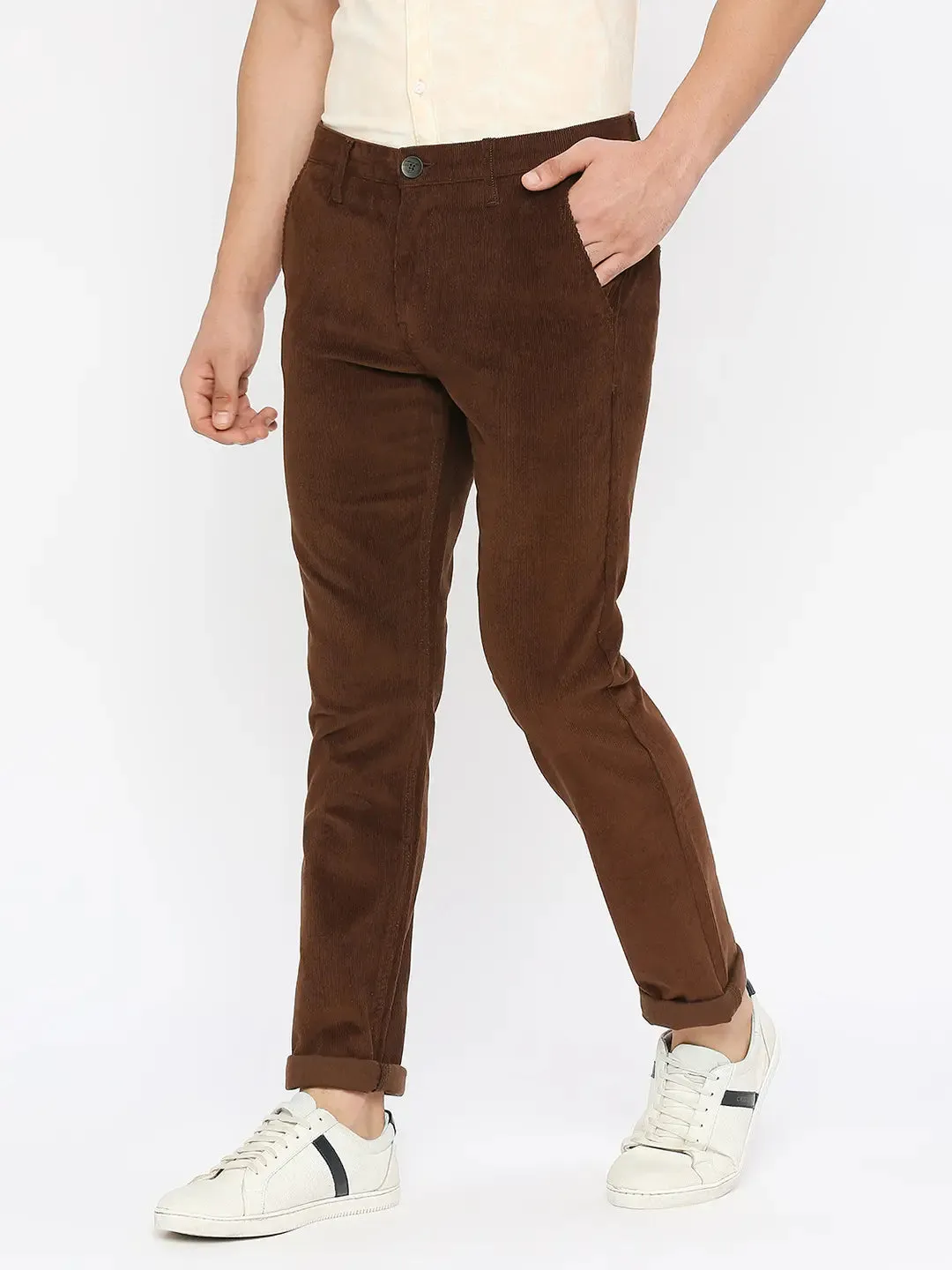 Spykar Men Brown Cotton Slim Fit Ankle Length Plain Trousers