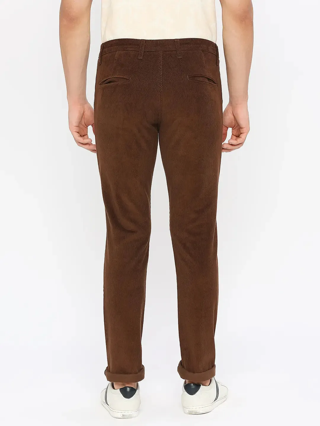 Spykar Men Brown Cotton Slim Fit Ankle Length Plain Trousers