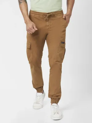 Spykar Men Camel Khaki Cotton Joggers Fit Ankle Length Mid Rise Cargo Pant