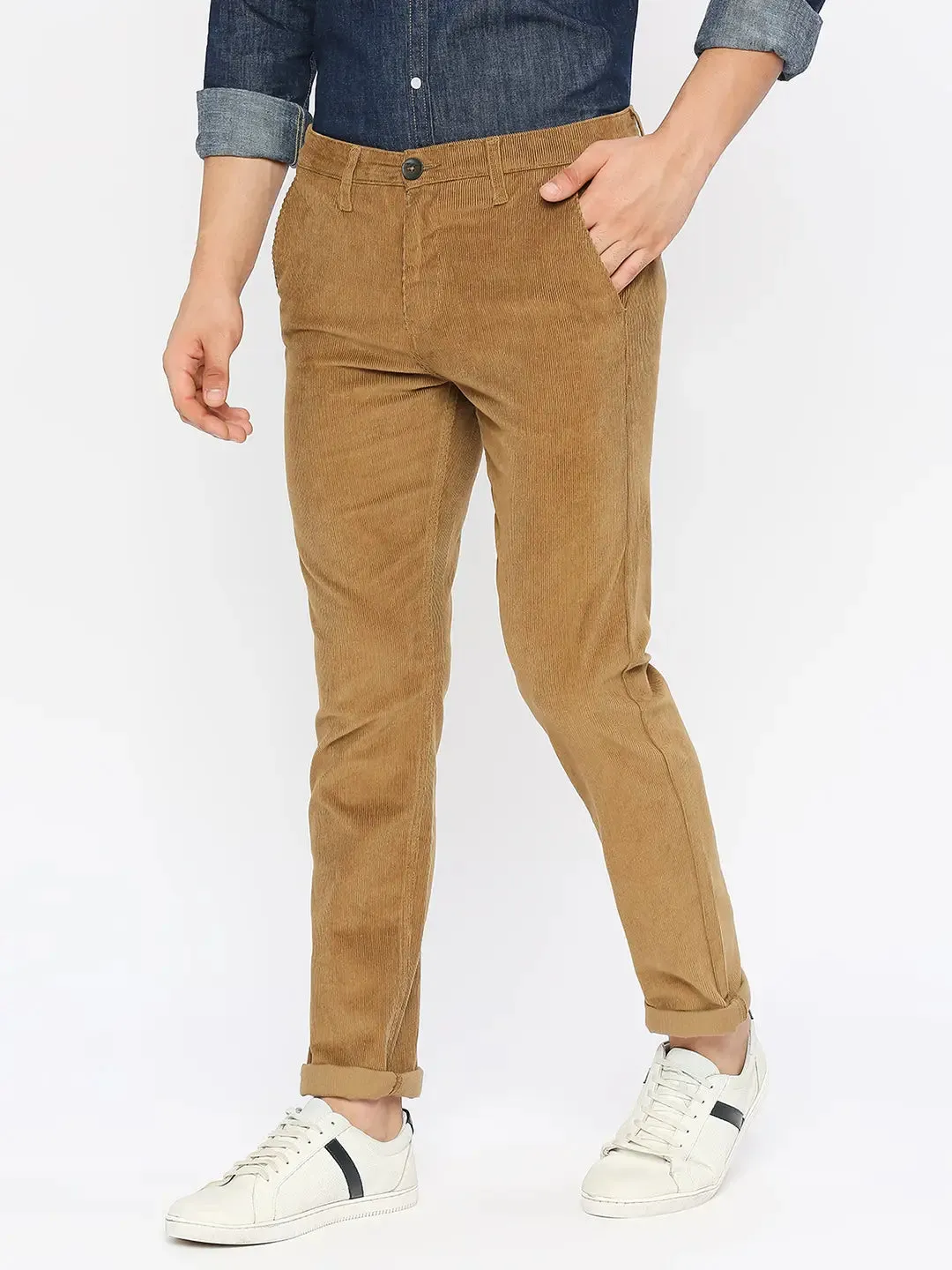 Spykar Men Khaki Cotton Slim Fit Ankle Length Plain Trousers