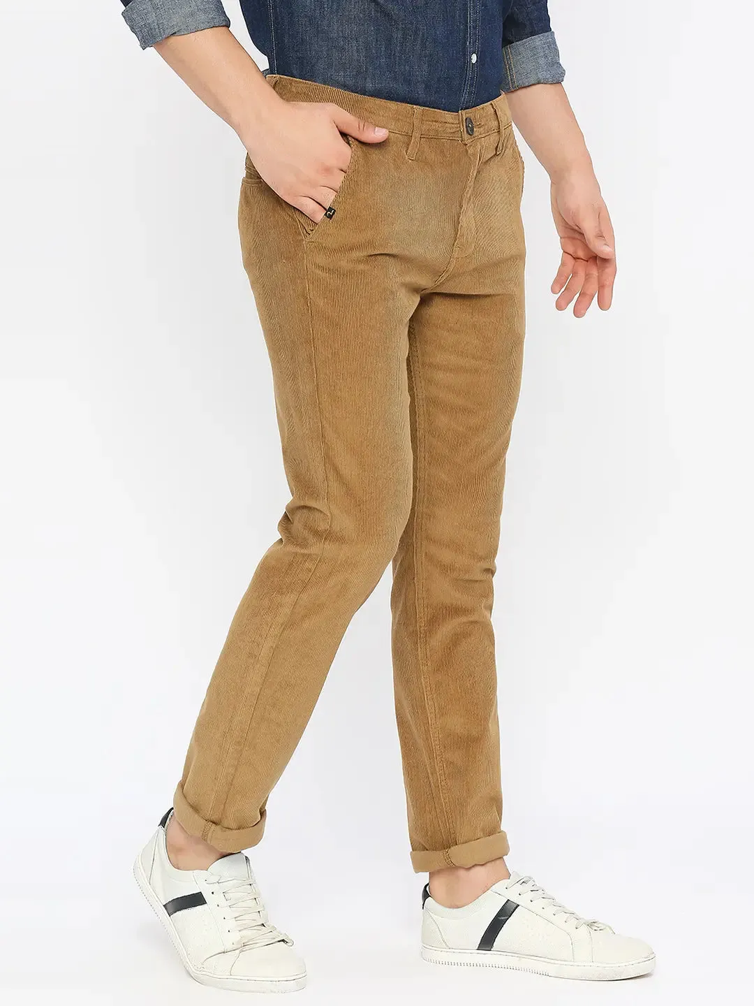 Spykar Men Khaki Cotton Slim Fit Ankle Length Plain Trousers