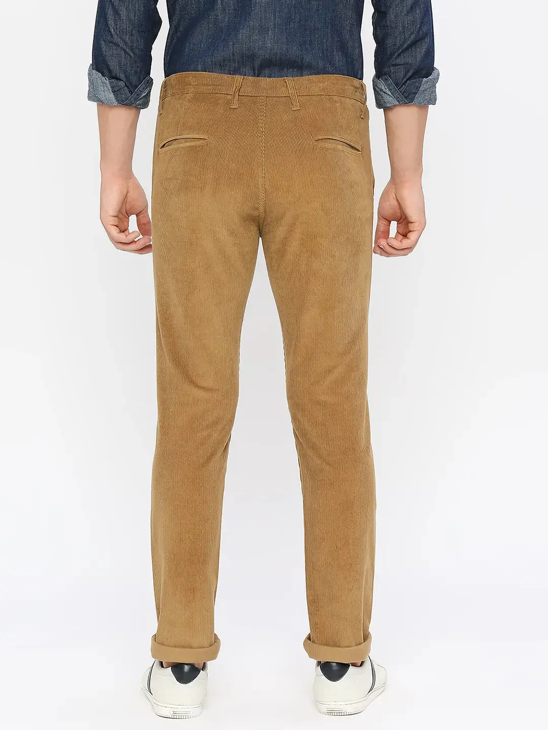 Spykar Men Khaki Cotton Slim Fit Ankle Length Plain Trousers