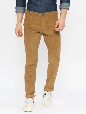 Spykar Men Khaki Cotton Slim Fit Ankle Length Plain Trousers