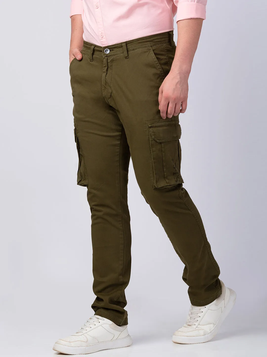 Spykar Men Military Green Cotton Slim Fit Ankle Length Trouser Cargo Pants