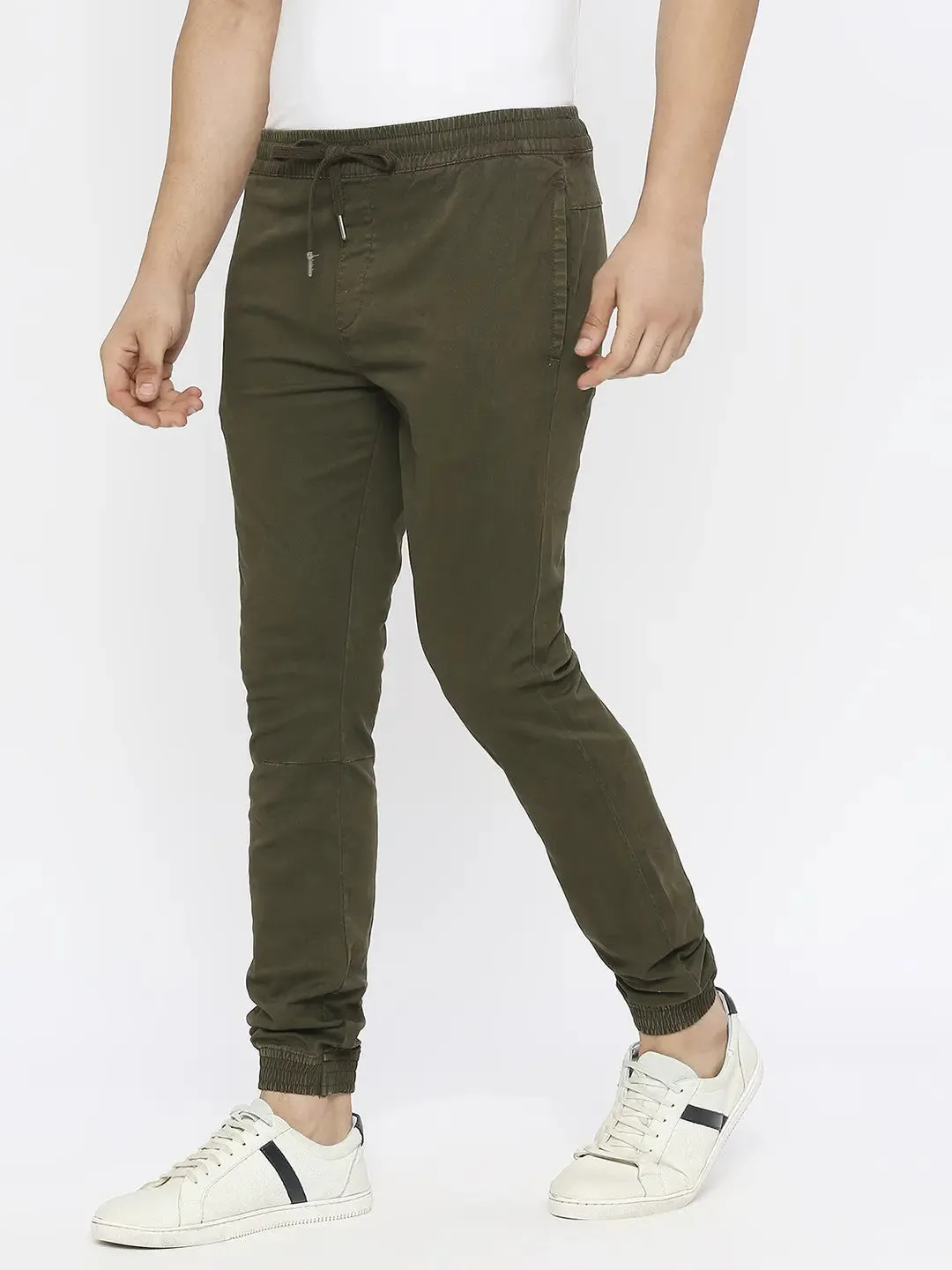 Spykar Men Military Green Lycra Slim Fit Ankle Length Plain Trousers