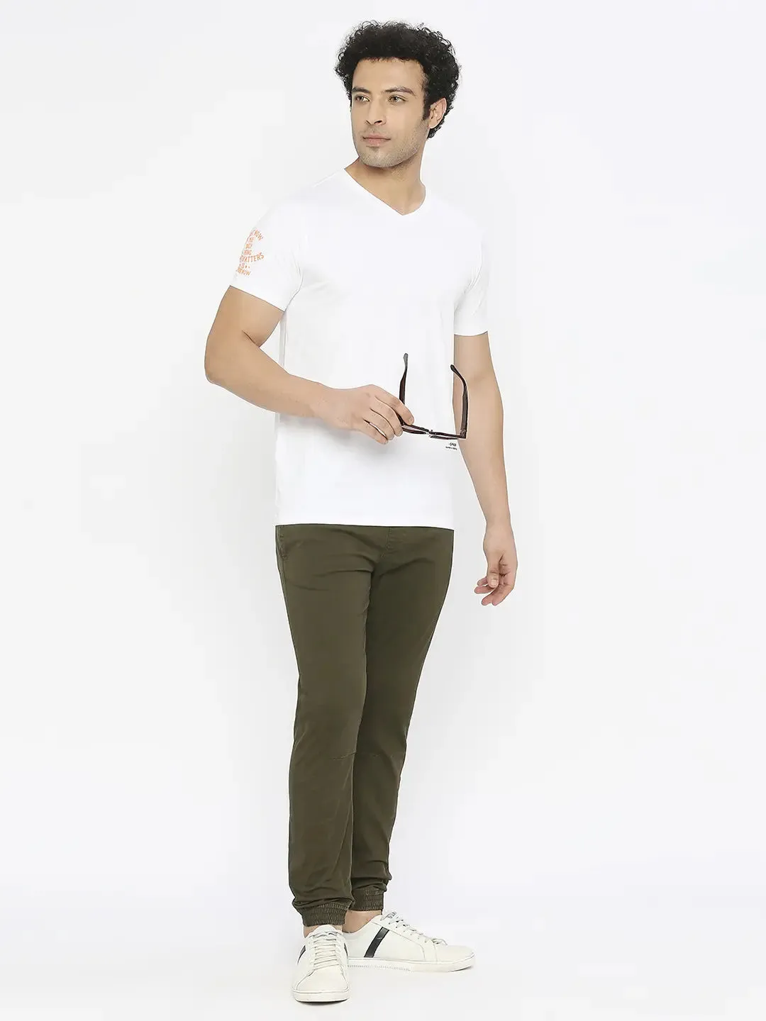 Spykar Men Military Green Lycra Slim Fit Ankle Length Plain Trousers