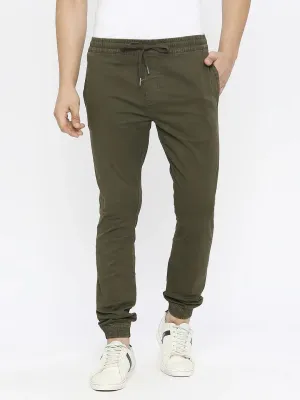 Spykar Men Military Green Lycra Slim Fit Ankle Length Plain Trousers