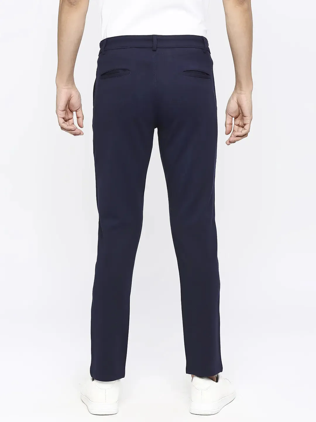 Spykar Men Navy Blue Cotton Slim Fit Ankle Length Trousers