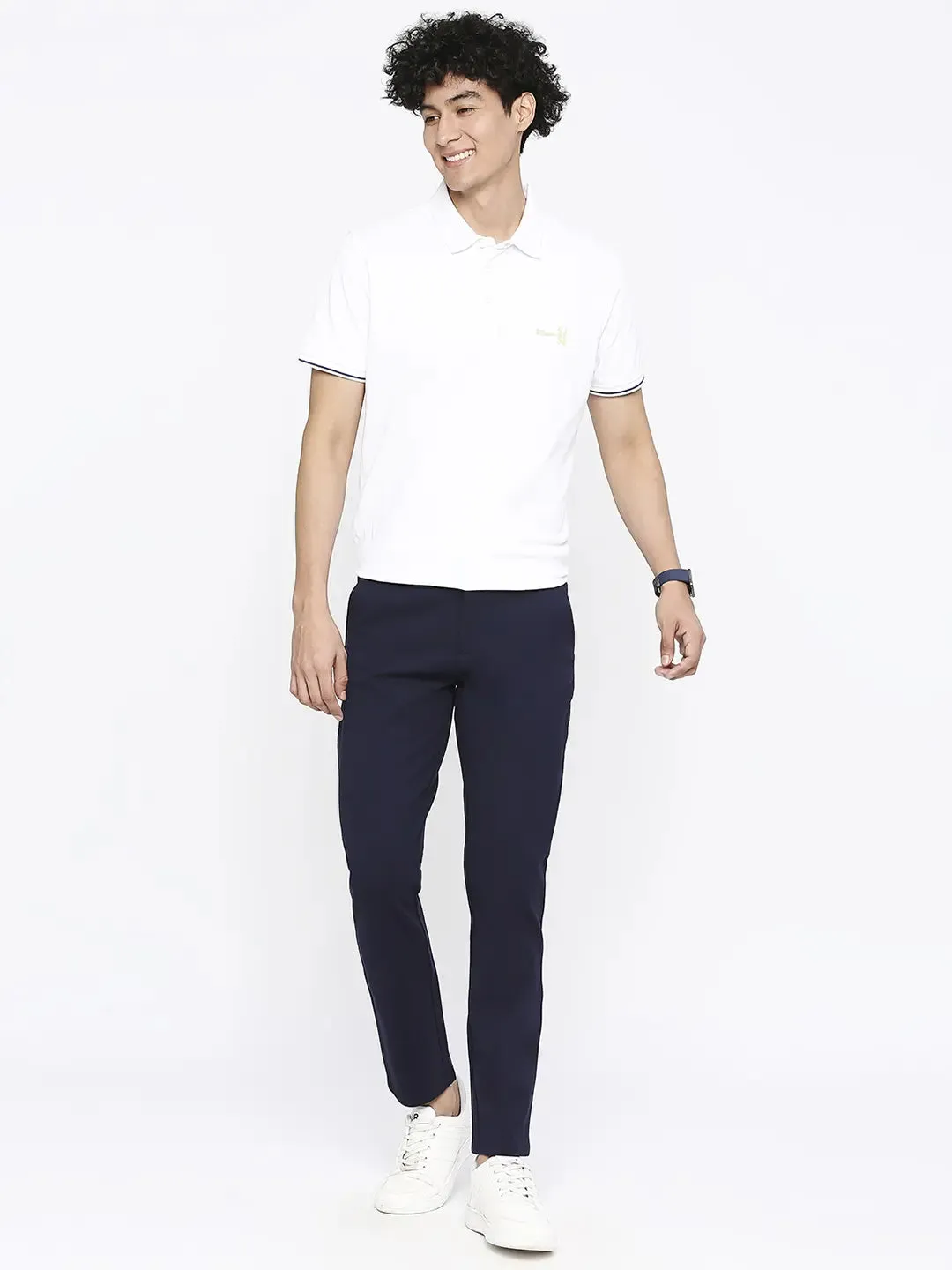 Spykar Men Navy Blue Cotton Slim Fit Ankle Length Trousers