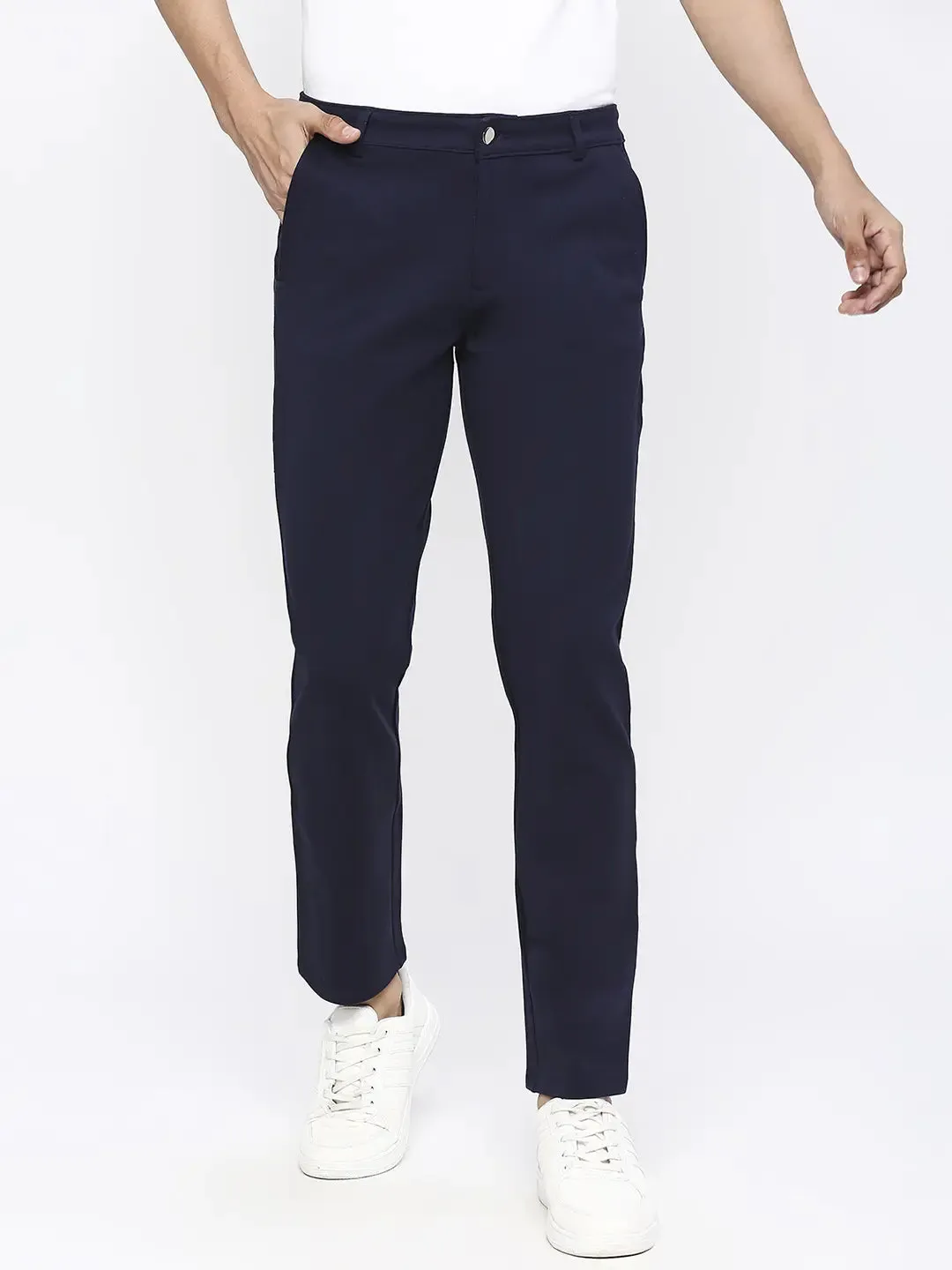 Spykar Men Navy Blue Cotton Slim Fit Ankle Length Trousers