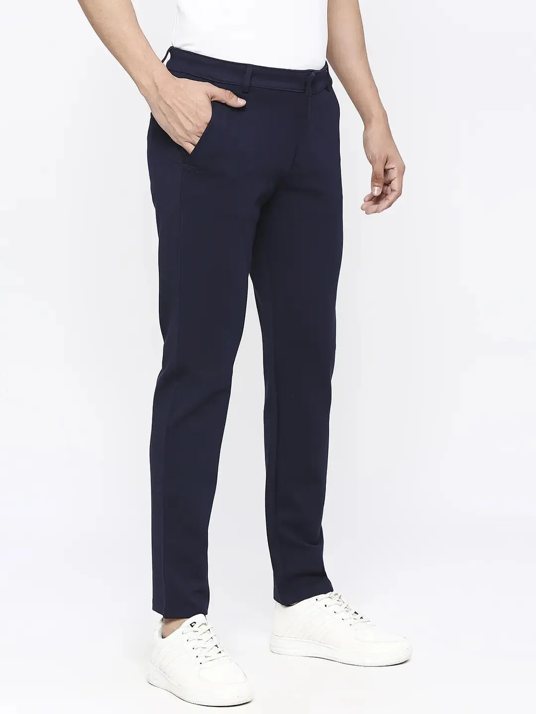 Spykar Men Navy Blue Cotton Slim Fit Ankle Length Trousers