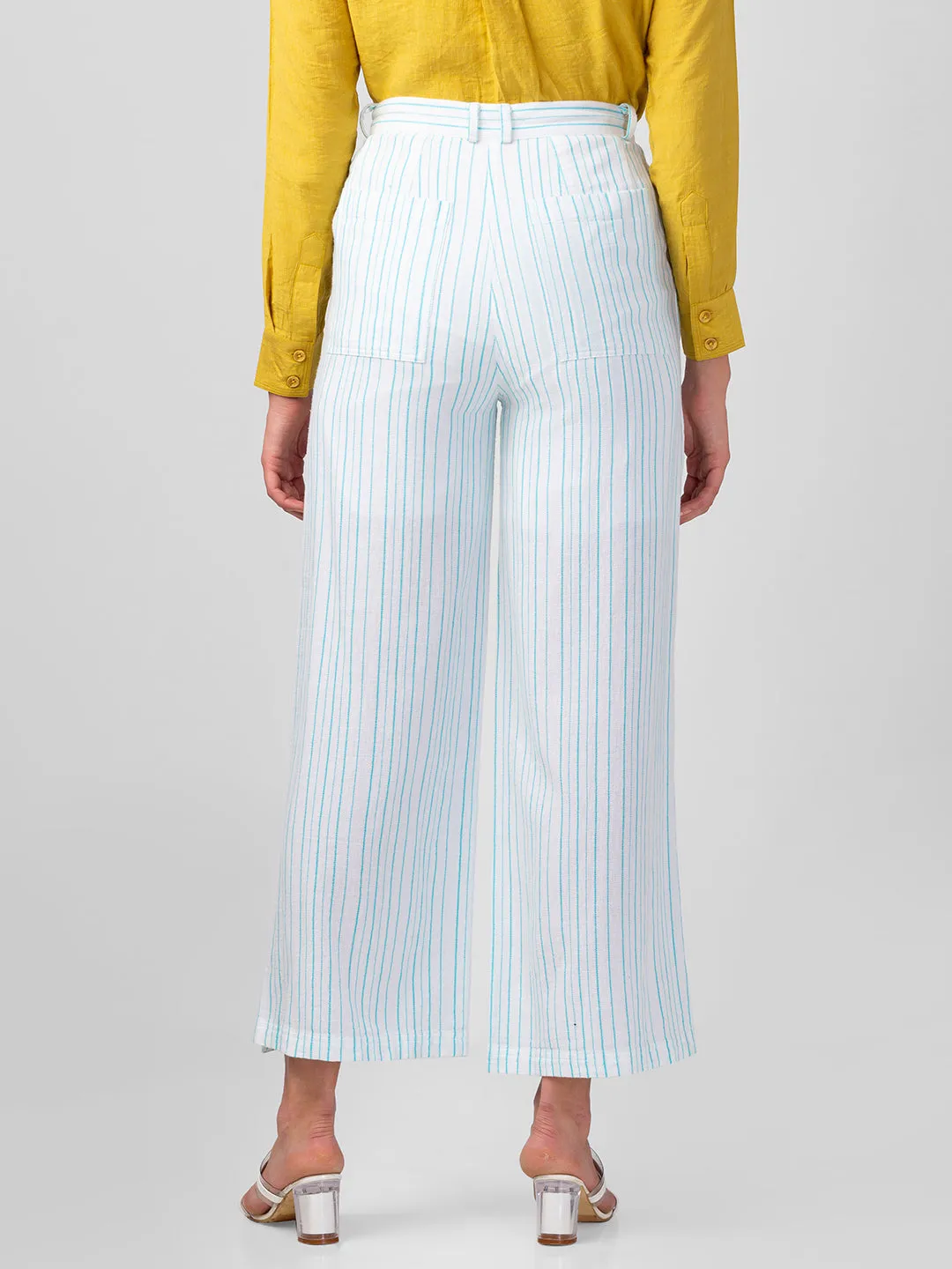 Spykar White Cotton Blend Bootcut Fit Ankle Length Striped Trousers