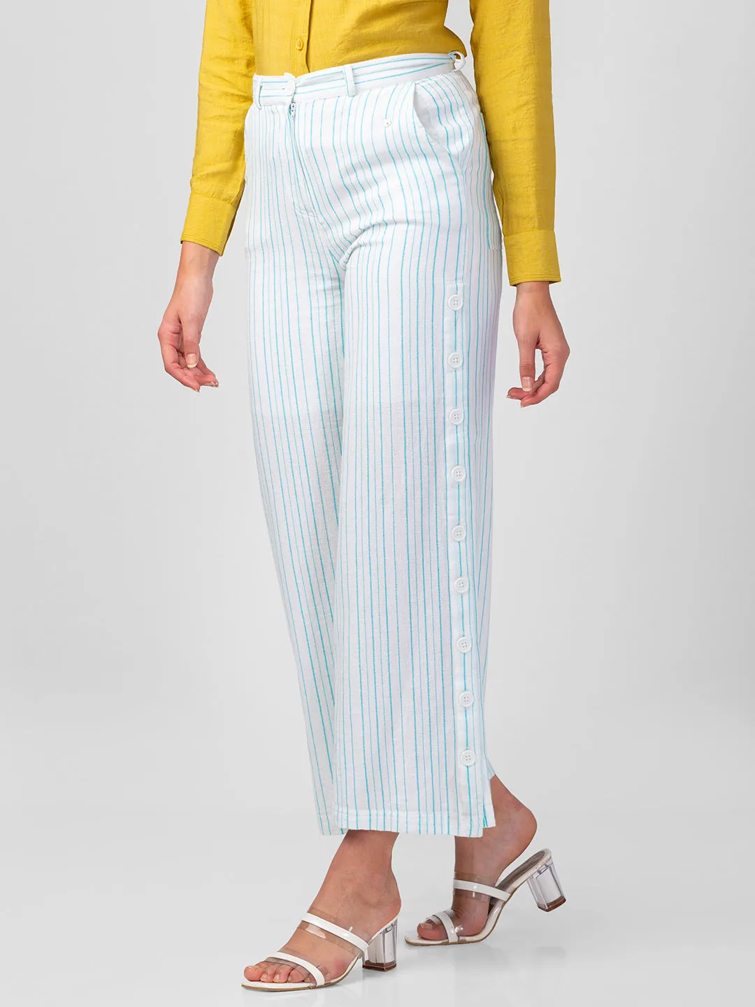 Spykar White Cotton Blend Bootcut Fit Ankle Length Striped Trousers